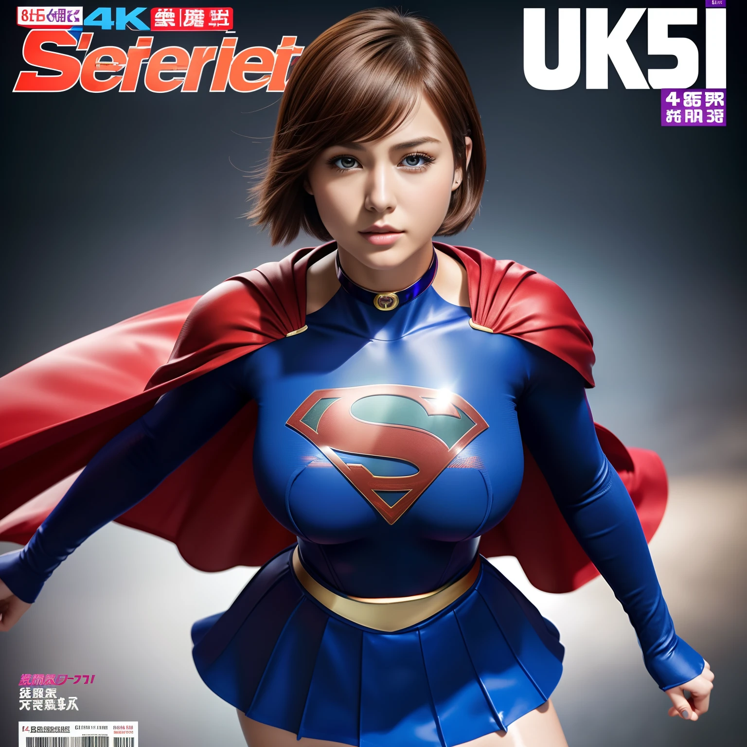 (Best Quality,4K,8K,hight resolution,masutepiece:1.2),Ultra-detailed,Realistic:1.37,Super masterpiece,Short-haired Supergirl、large full breasts、Looking at the camera、Glossy costume、a choker、Too short miniskirt、Weekly magazine cover、Powerful Pose、