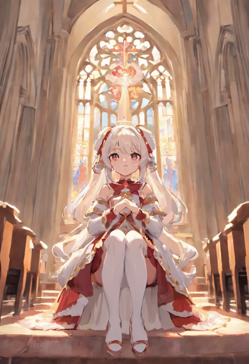 cat ear,Sit in church,White color hair,white stockings,red color eyes,Divine appearance。,expression, Girl