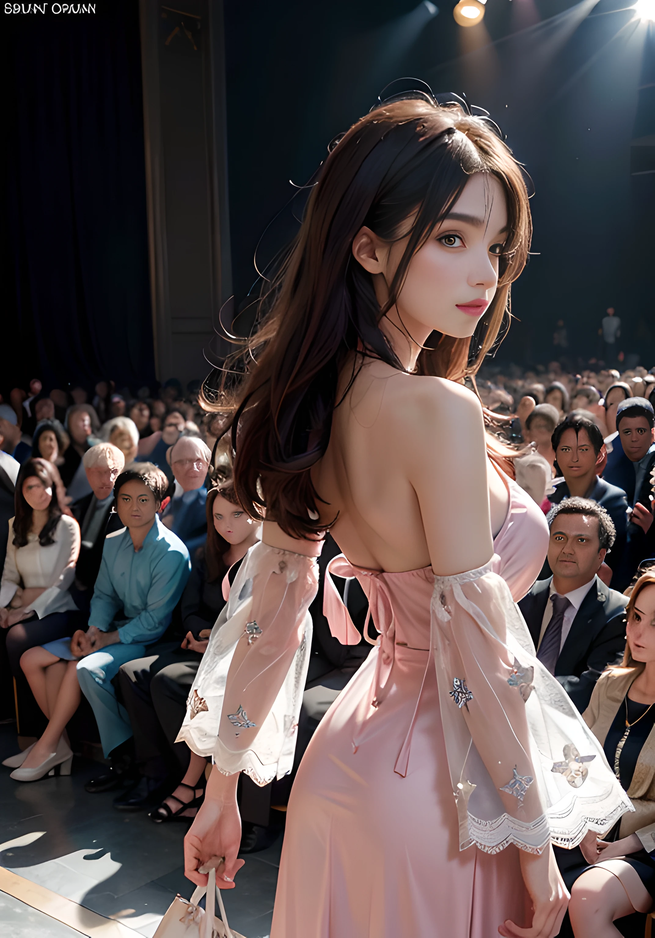 (best qualtiy,hyper HD, masutepiece, 16 K,Super Detail),Goose egg face,largeeyes,long eyelasher,Exquisite(Live-action realistic style),Extremely beautiful face,Photorealistic light and shadow,Clear facial features,milky skin,Fair skin, highdetailskin,Realistic skin details,Visible Pore,petite body,full body Esbian,Medium Hair,(Flowing hair), SMOOTHNESS,Beautifully decorated,Luxurious space,NSFW:1.07、(Natural Breast),Make eye contact with your audience, Bangs,Big,Beauty at fashion shows, slim figure, (Wear a simple pink dress), (Give your audience a friendly smile), On the runway of a fashion show, (The seats are dark.,The stage is bright), Blue eyes,Model walking,Cowboy Shot,Shooting the back view