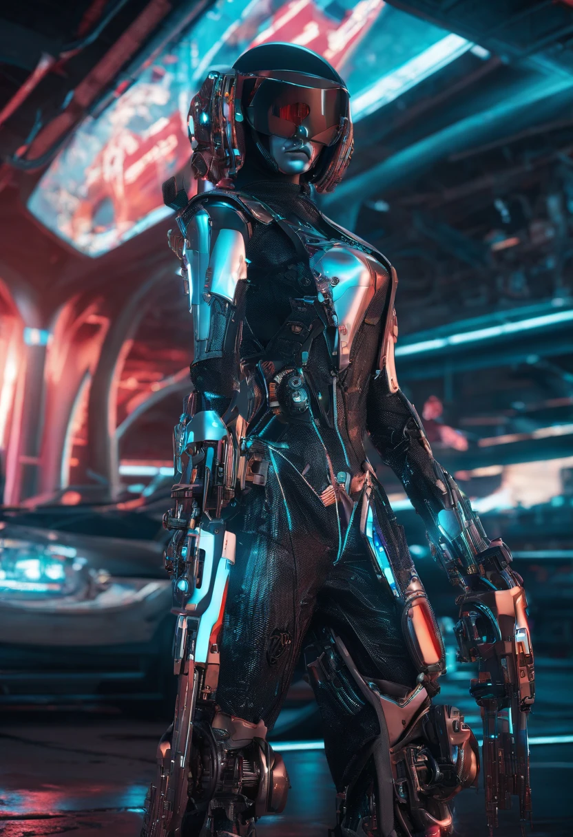 Create a vibrant, futuristic artwork depicting a cyber female and her sleek, cybernetic vehicle in an awe-inspiring desert wasteland. Imagine a world where technology and nature coexist, showcasing a harmonious blend of the artificial and the organic. The cyber female should be portrayed as confident, strong, and full of character. Feel free to explore imaginative cybernetic enhancements and futuristic fashion, emphasizing vibrant colors, intricate designs, and unique textures. The vehicle should complement the overall scene, reflecting its cybernetic nature and incorporating elements that showcase its functionality. Let your creativity run wild as you bring this captivating cybernetiv world to life!