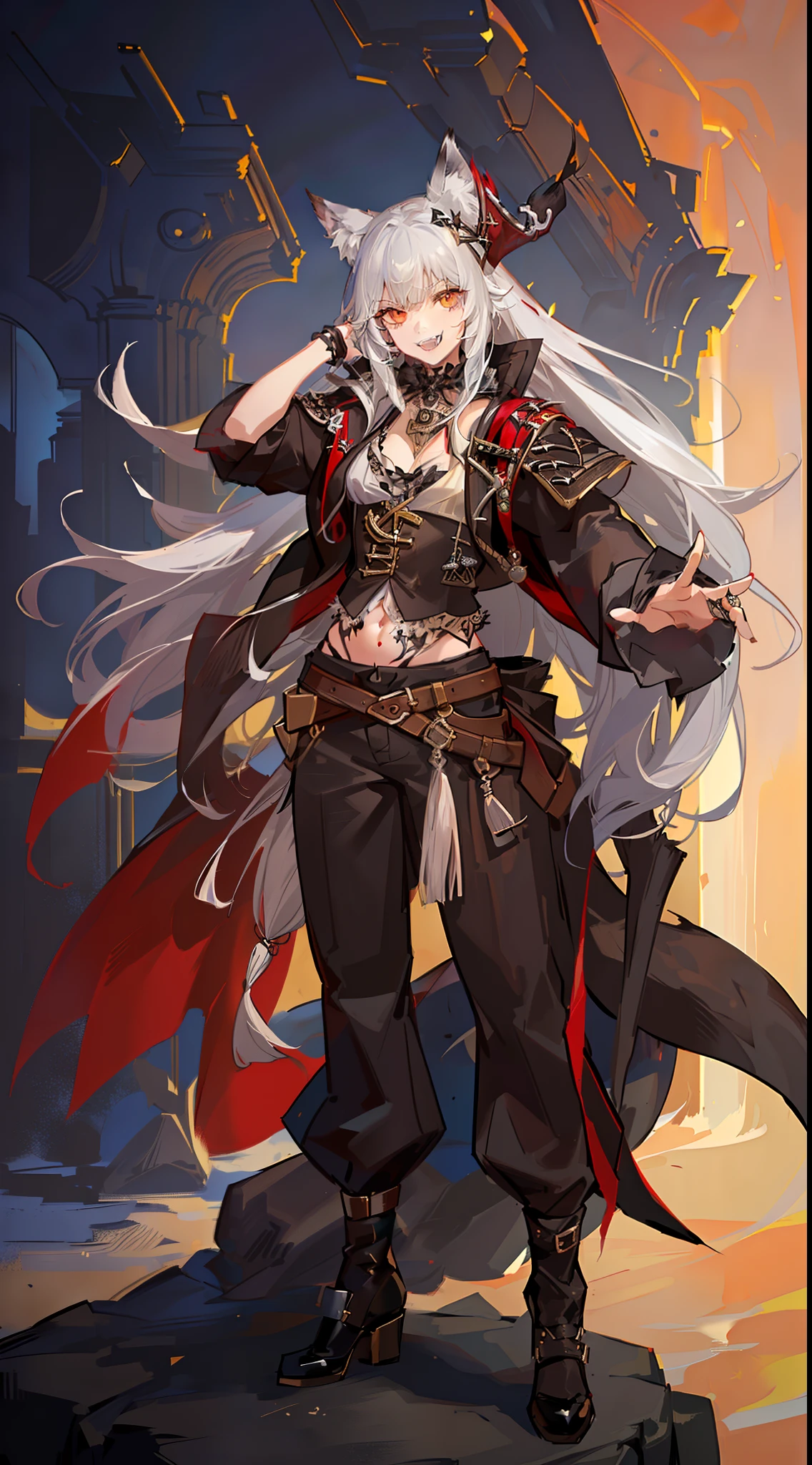 Tall guy, Long silver hair, Orange Eyes, wolf ears, wolf tail, ssmile, fangs, open torso, Tatoo, Pirate Hat, pirate pants, anchor, 4k, HD, Good detail