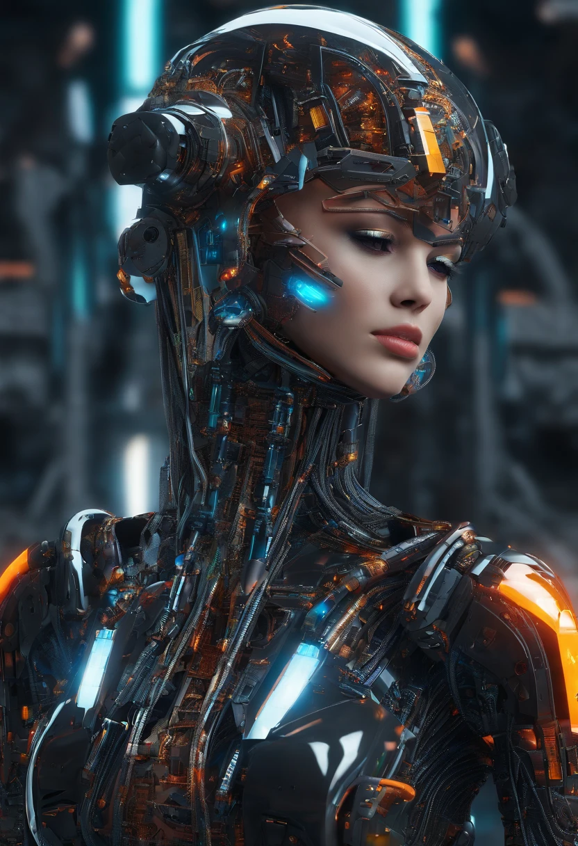 Create a vibrant, futuristic artwork depicting a cyber female and her sleek, cybernetic vehicle in an awe-inspiring desert wasteland. Imagine a world where technology and nature coexist, showcasing a harmonious blend of the artificial and the organic. The cyber female should be portrayed as confident, strong, and full of character. Feel free to explore imaginative cybernetic enhancements and futuristic fashion, emphasizing vibrant colors, intricate designs, and unique textures. The vehicle should complement the overall scene, reflecting its cybernetic nature and incorporating elements that showcase its functionality. Let your creativity run wild as you bring this captivating cybernetiv world to life!