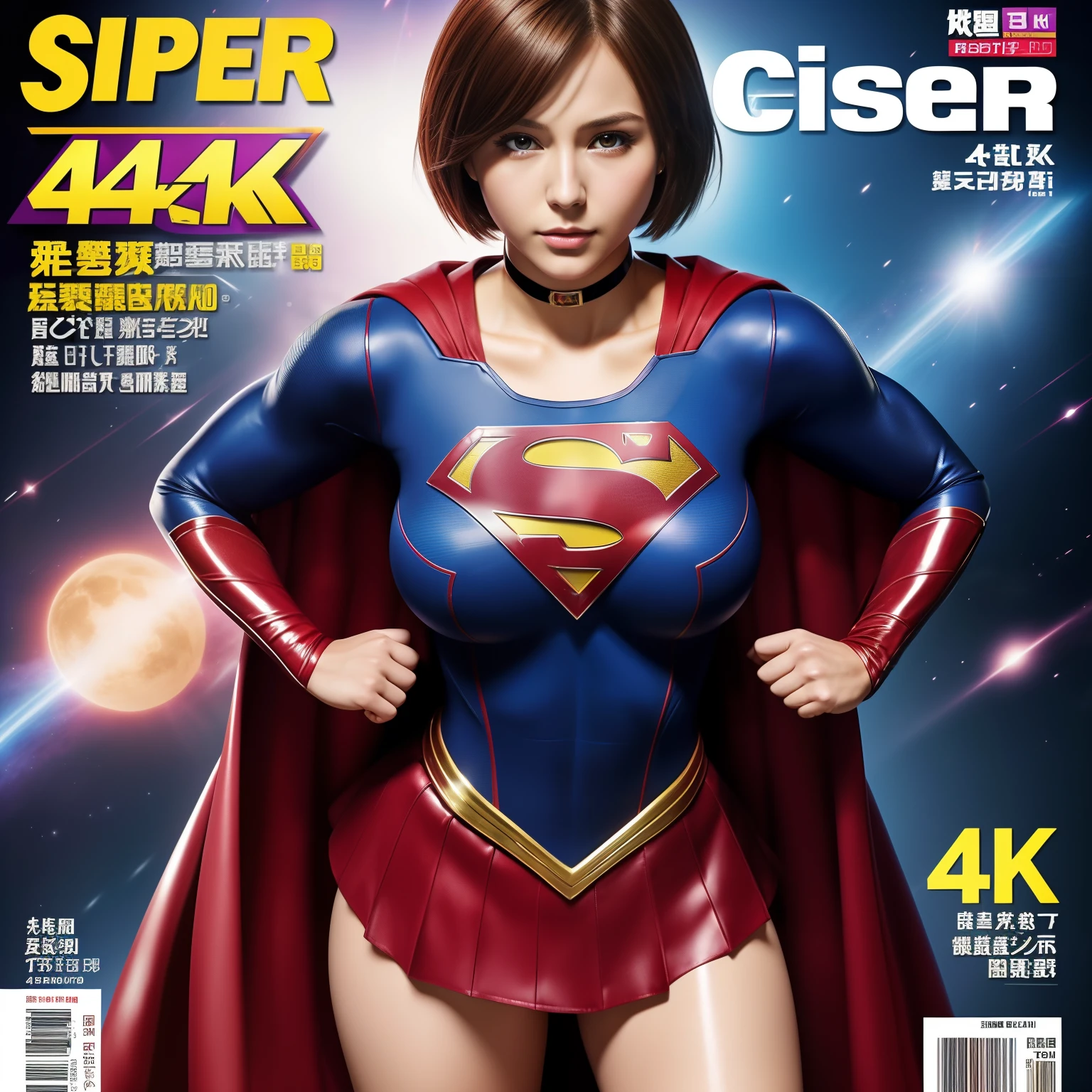 (Best Quality,4K,8K,hight resolution,masutepiece:1.2),Ultra-detailed,Realistic:1.37,Super masterpiece,Short-haired Supergirl、large full breasts、Looking at the camera、Glossy costume、a choker、Too short miniskirt、Weekly magazine cover、Powerful Pose、