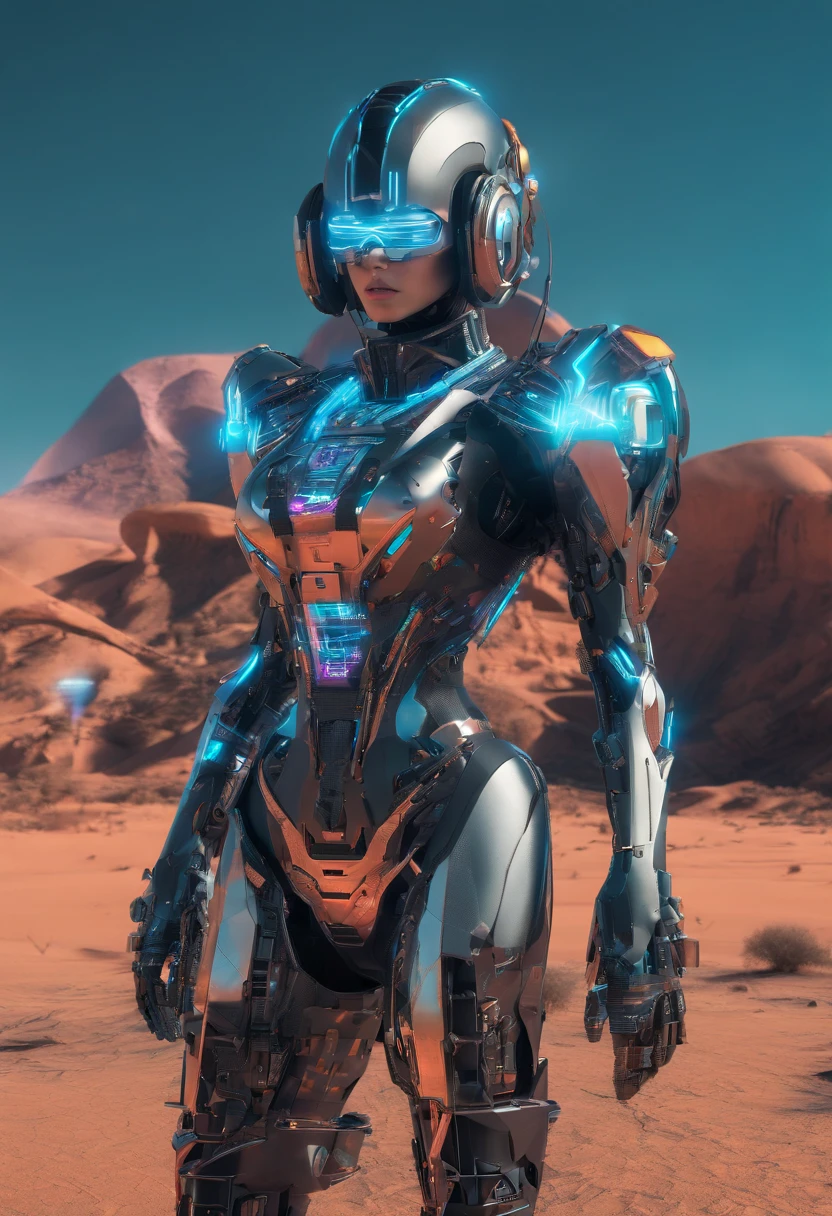 Create a vibrant, futuristic artwork depicting a cyber female and her sleek, cybernetic vehicle in an awe-inspiring desert wasteland. Imagine a world where technology and nature coexist, showcasing a harmonious blend of the artificial and the organic. The cyber female should be portrayed as confident, strong, and full of character. Feel free to explore imaginative cybernetic enhancements and futuristic fashion, emphasizing vibrant colors, intricate designs, and unique textures. The vehicle should complement the overall scene, reflecting its cybernetic nature and incorporating elements that showcase its functionality. Let your creativity run wild as you bring this captivating cybernetiv world to life!