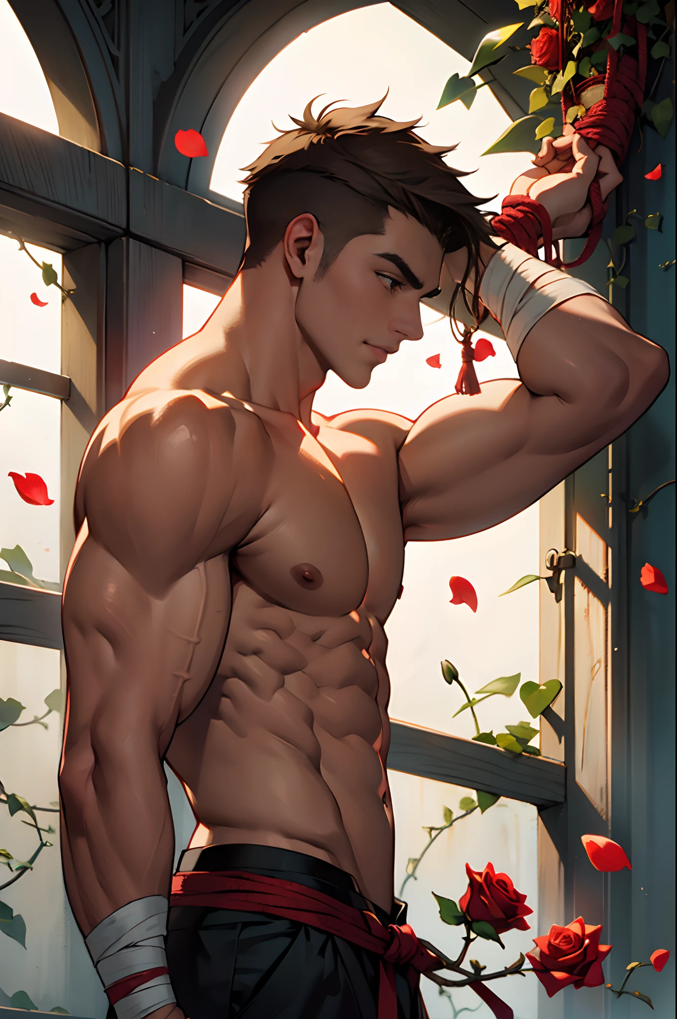 1male,muscular,((lily)),(vine),cage,bandage,red rope,(detail light),falling rose petals,