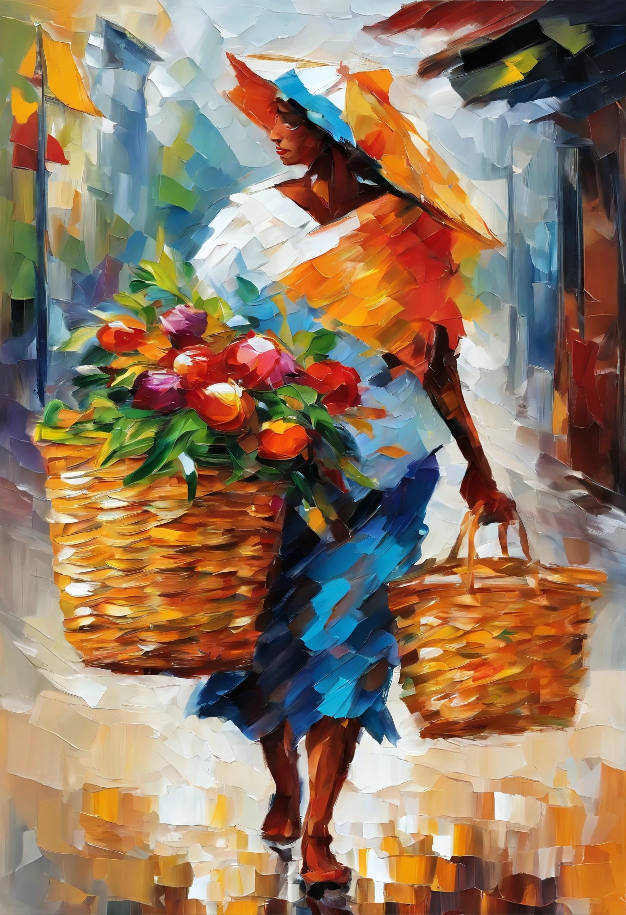 A market seller carries a market basket.Holding the by the hand၊ went back, RAINING SEASON, best composition, white background masterpiece oil painting, impasto painting.