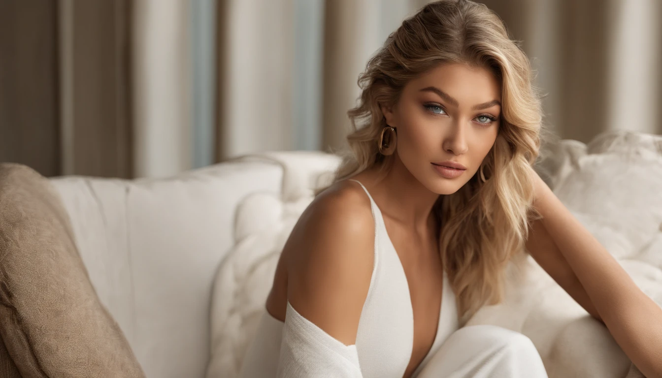 sexy Gigi Hadid with big breast , sitting on a couch in a sexy white skirt , looking at camera, , tattooed , looking at viewer ,smiling, sexy lingerie, full body , extremely beautiful face, blonde and attractive features, breathtaking face, beautiful fine face features, cinematic lens, wearing white Knitted Sleeveless Tank Tops, photorealistic fujifilm , detailed face , detailed eyes .