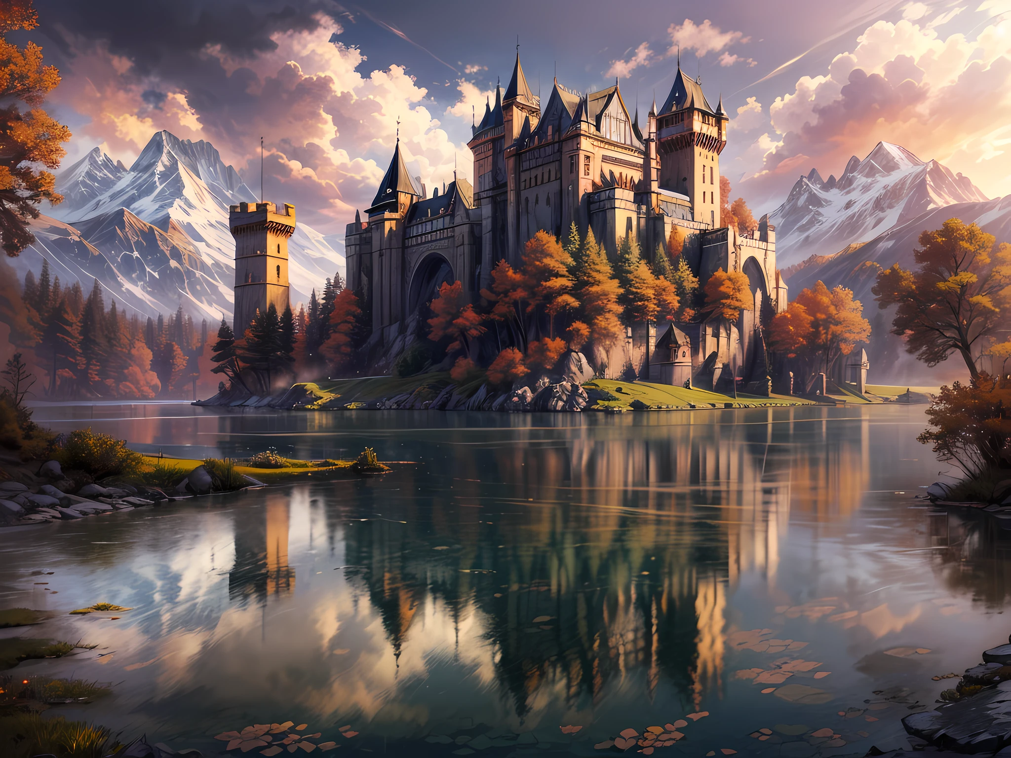 fantasy art, RPG art, photographic, National Geographic quality picture, award winning, (Best Detailed: 1.5), (best quality: 1.5) picture of an epic 1solocastle near the lake at dawn, its a Middle ages castle it is master crat artistry, state of the art military architecture, perfect for defending its king, majestic castle,  there are (4 towers: 1.2), (massive walls: 1.2), (barbicans: 1.2), (flags: 1.2), ( a bridge: 1.2), (banners flying high: 1.3)the entire castle is being reflected in the lake in  a perfect image (Best details, Best quality: 1.5), the lake is calm and placid, its dawn, the sun is rising, there some light clouds in the sky, and sun rays, behind the castle there is a missive snowy mountain as background best quality, (extremely detailed), ultra wide shot, photorealism, depth of field, hyper realistic, 2.5 rendering,