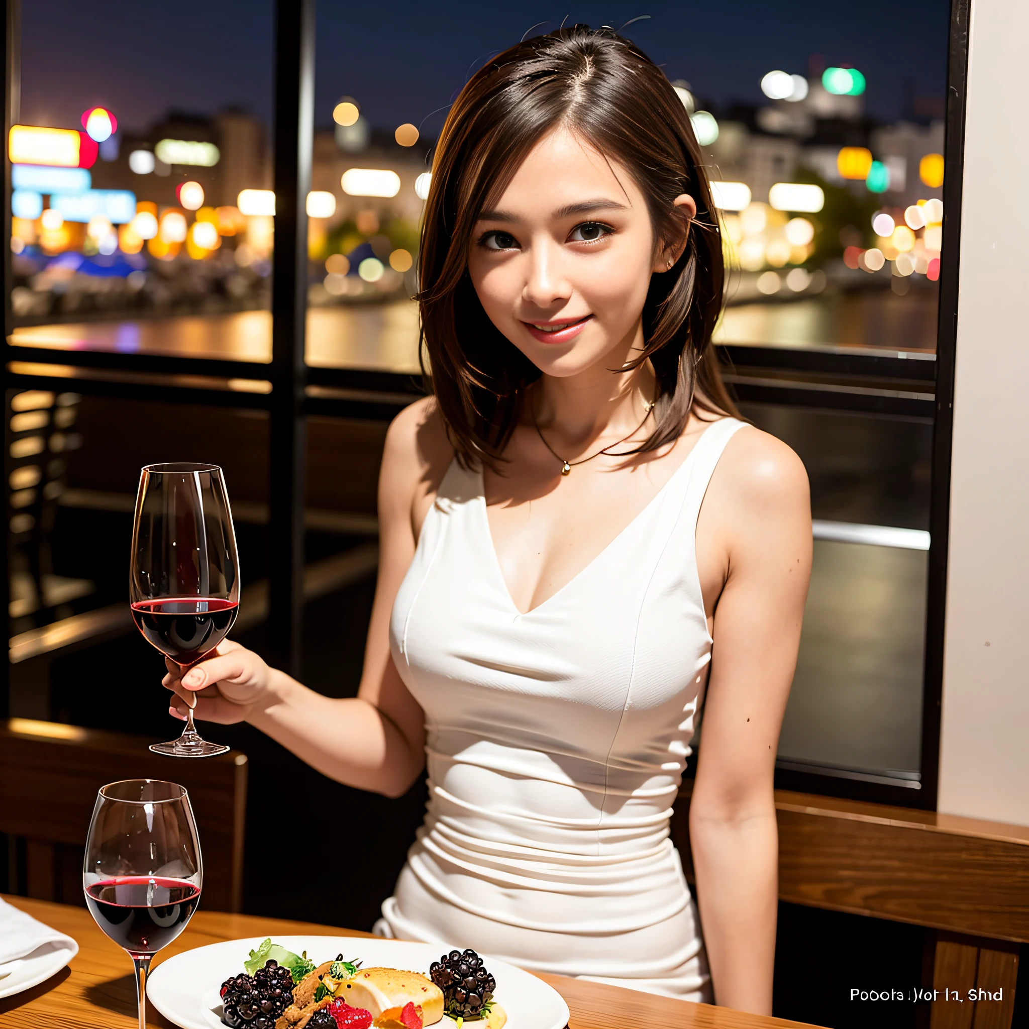 (64K, UHD, top quality, masterpiece: 1.2), (realistic, photorealistic: 1.37), super detailed, pretty woman 1 person, (slim face), (slim body), (brown hair), (short cut), cheeks slightly blushing, (44 years old), 38 years old, solo, beautiful detailed urban night view outside the window, restaurant, wine glasses sit, at night, in a prominent placeNovaFrogStyle, Actress, Model, Waist Up, White Wine, Slim, Wine Glass, Super Clean Night View, Wine Glass Put in the Middle, Happy Smile, (Smile: 1.15), Beautiful Fine Eyes, Upper Body, Bust Japan Up, Night, Short, Short, Actress, Model, Waist Up, White Wine, Slim, Wine Glass, Super Clean Night View, Wine Glass Put in the Middle, Happy Smile,