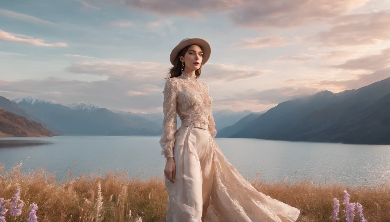 lake, the beach, grass field, Wildflowers, A desert, Snowy mountains in the distance, sea of clouds, Big stretching clouds, Sunset, Light penetrating clouds to the ground, Wide-angle lens shooting