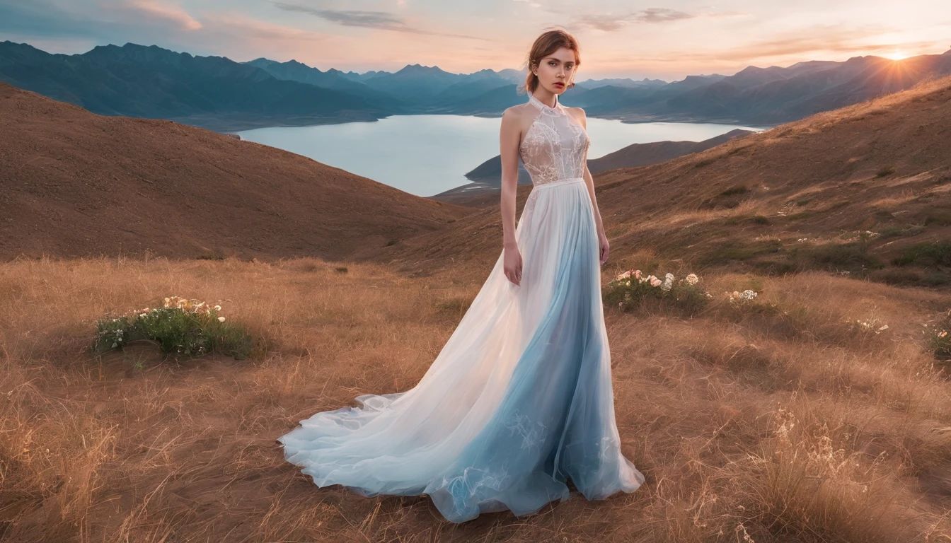 lake,  the beach, grass field, Wildflowers, A desert, Snowy mountains in the distance, sea of clouds,  Big stretching clouds, Sunset, Light penetrating clouds to the ground, Wide-angle lens shooting