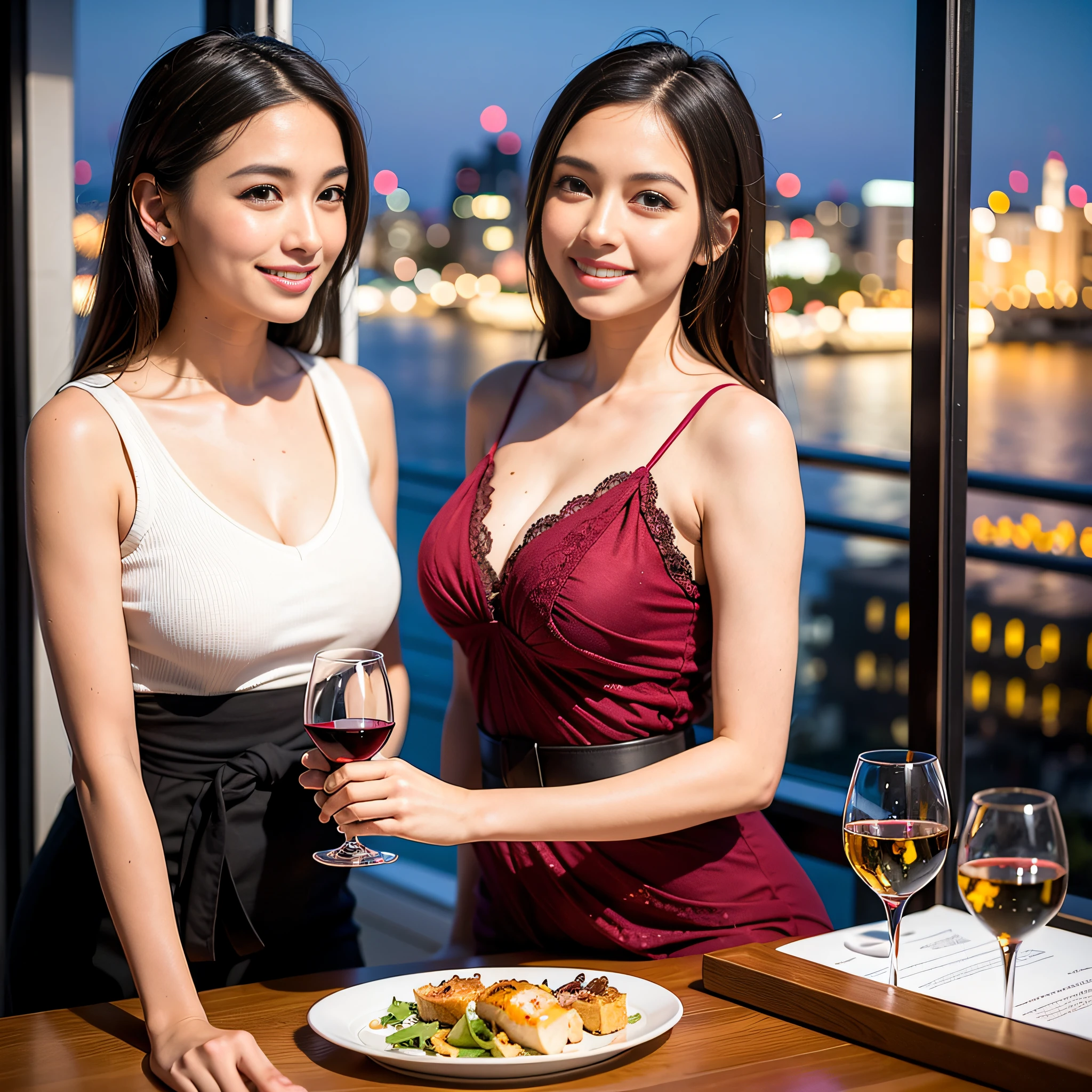 (64K, UHD, top quality, masterpiece: 1.2), (realistic, photorealistic: 1.37), super detailed, pretty woman 1 person, (slim face), (slim body), (brown hair), (short cut), cheeks slightly blushing, (44 years old), 38 years old, solo, beautiful detailed urban night view outside the window, restaurant, wine glasses sit, at night, in a prominent placeNovaFrogStyle, Actress, Model, Waist Up, White Wine, Slim, Wine Glass, Super Clean Night View, Wine Glass Put in the Middle, Happy Smile, (Smile: 1.15), Beautiful Fine Eyes, Upper Body, Bust Japan Up, Night, Short, Short, Actress, Model, Waist Up, White Wine, Slim, Wine Glass, Super Clean Night View, Wine Glass Put in the Middle, Happy Smile,