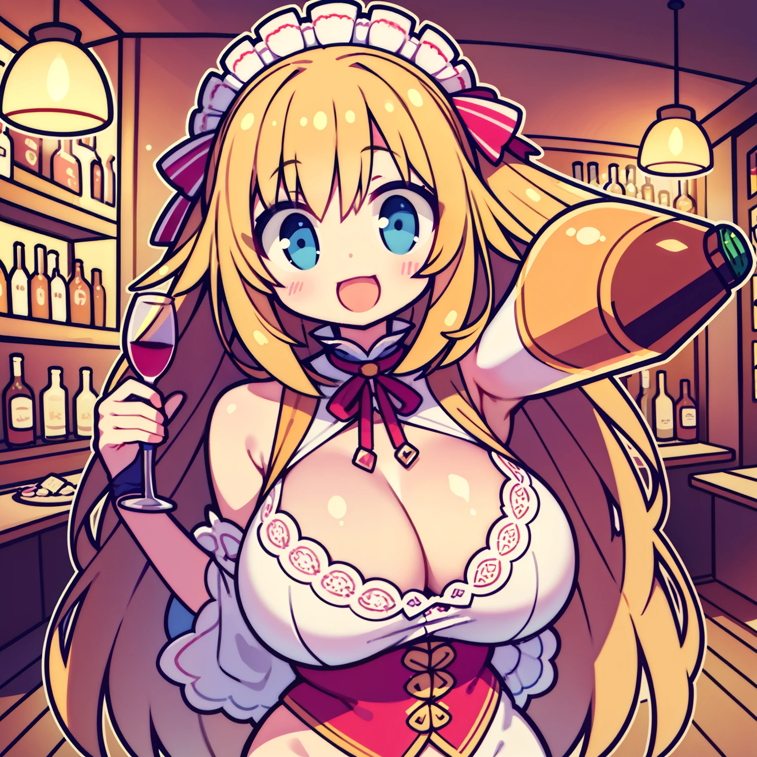 Sweet,Adorable, cheerful big breasts, long whitr hair, Lively, Baby face,1 Head-to-body ratio, holding wine bottle,The background is inside the tavern