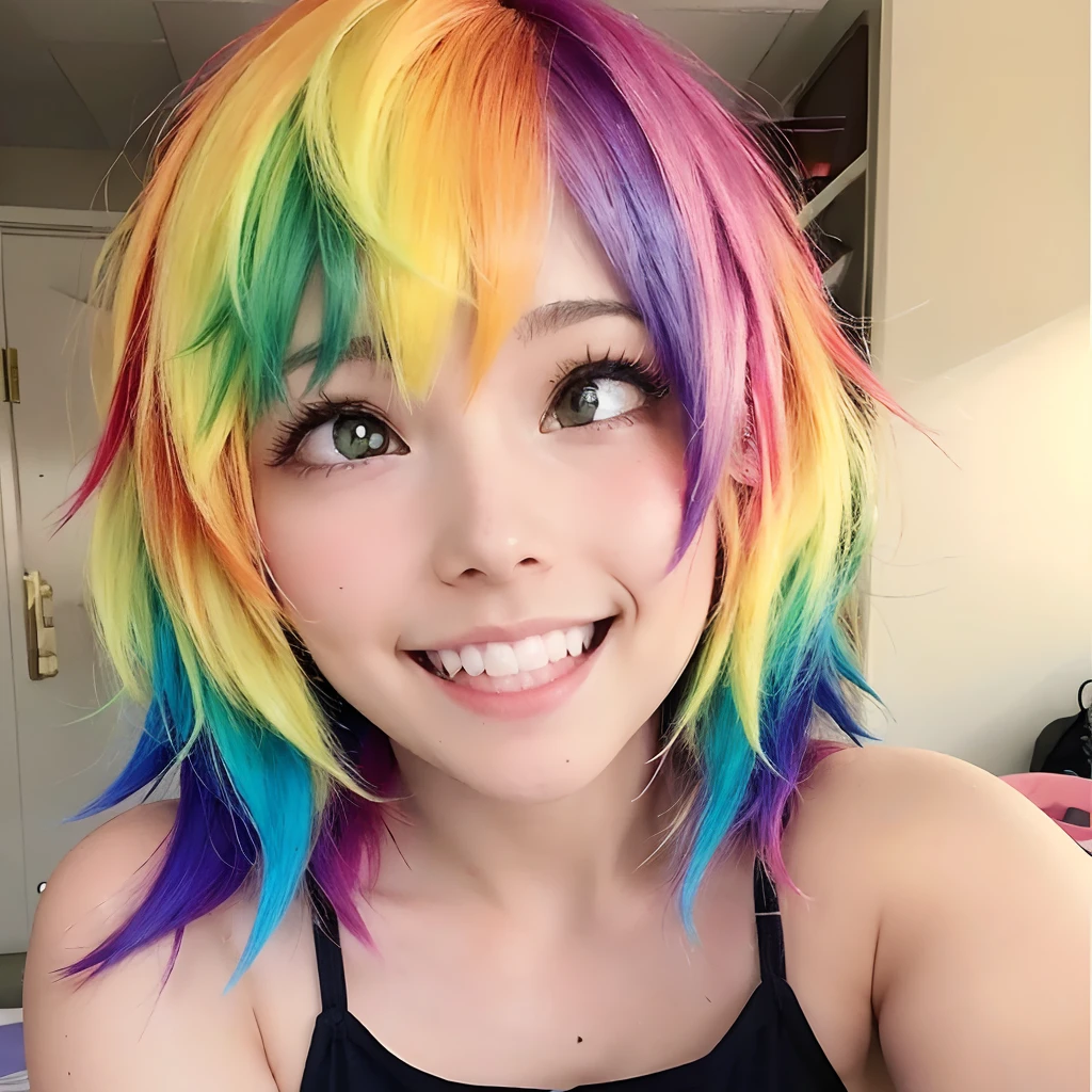 rainbow highlights, woman, front facing, facing forward, lookong at viewer, bright colors, vivid colors, bright hair, vivid hair, blushing, shy smile, fun medium  messy   haircut, rainbow hair, hair over one eye