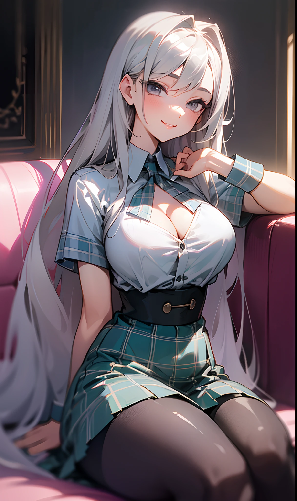  girl、(Silver Straight Long Hair, Long silver straight hair extends to the waist),(Gray eyes),(Large, Light gray eyes),(Twin-tailed),(big breasts:1.1),(Her cleavage:1.1),(Constricted waist),(Short sleeve blouse),(High waist tartan check skirt),(Black stockings),(mischievous smile),(sitting in the couch),(Background with fireplace),(Portrait),(Vivid colors),(Warm lighting)