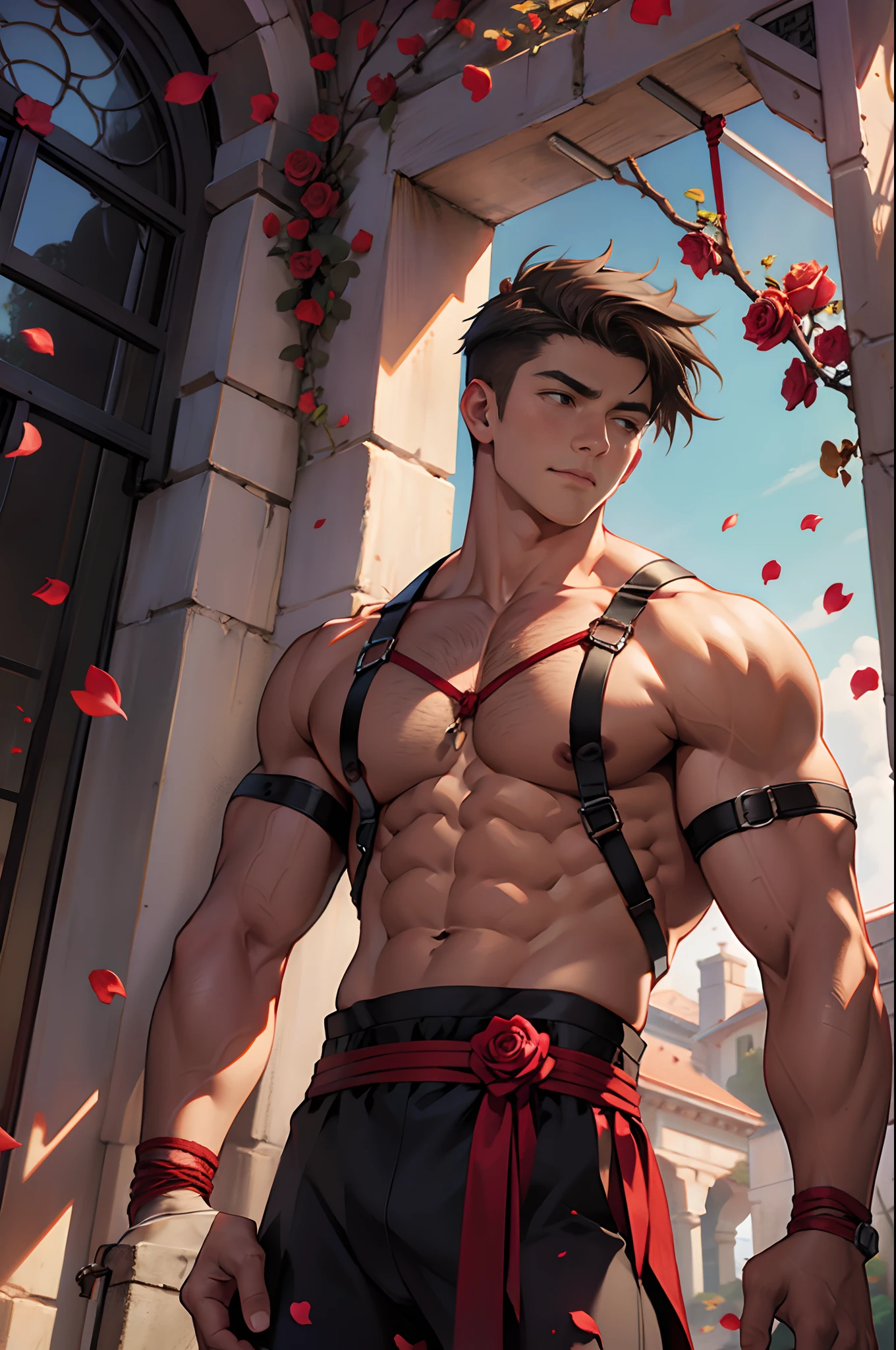 1male people,Muscular,((Lily)),(grape trees),cage,strappy,Red rope,(Detail light),Falling rose petals,