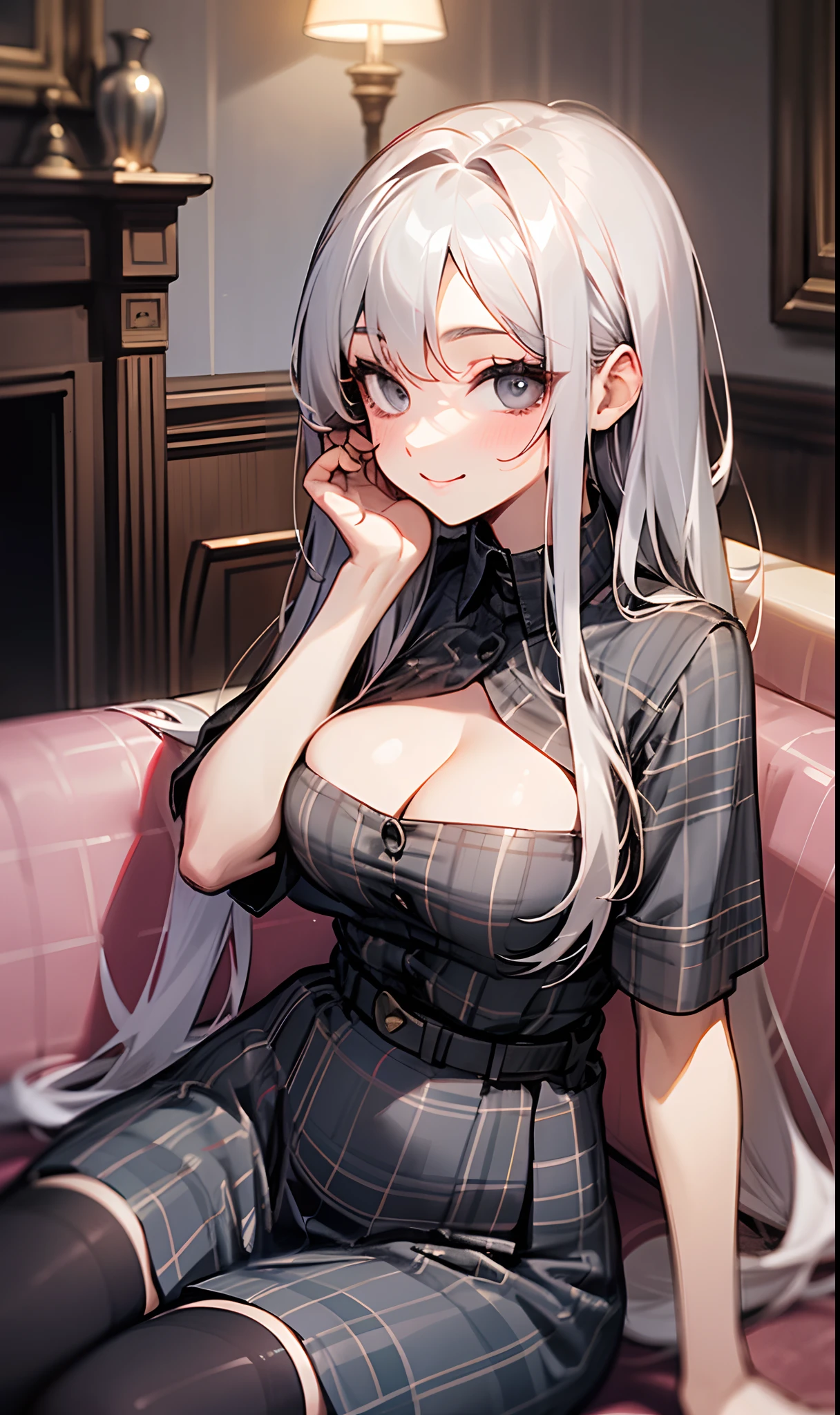  girl、(Silver Straight Long Hair, Long silver straight hair extends to the waist),(Gray eyes),(Large, Light gray eyes),(Twin-tailed),(big breasts:1.1),(Her cleavage:1.1),(Constricted waist),(Short sleeve blouse),(High waist tartan check skirt),(Black stockings),(mischievous smile),(sitting in the couch),(Background with fireplace),(Portrait),(Vivid colors),(Warm lighting)