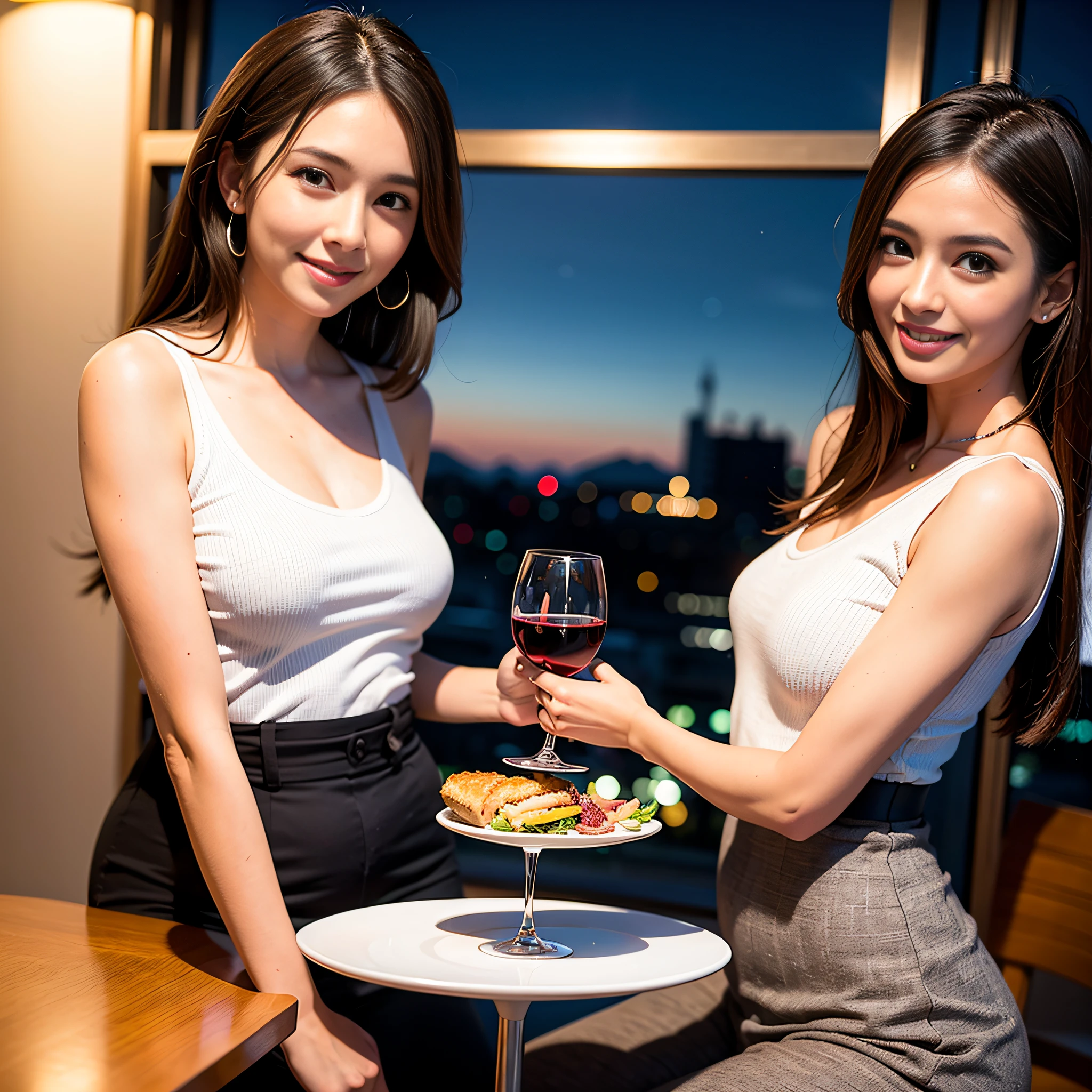 (64K, UHD, top quality, masterpiece: 1.2), (realistic, photorealistic: 1.37), super detailed, pretty woman 1 person, (slim face), (slim body), (brown hair), (short cut), cheeks slightly blushing, (41 years old), 38 years old, solo, outside the window is a beautiful detailed urban night view, restaurant, wine glasses sit, at night, in a prominent place (from the waist up) NovaFrogStyle, Actress, Model, Waist Up, White Wine, Slim, Wine Glass, Super Clean Night View, Wine Glass Put in the Middle, Happy Smile, (Smile: 1.15), Beautiful Fine Eyes, Upper Body, Bust Japan Up, Night, Short, Short, Actress, Model, Waist Up, White Wine, Slim, Wine Glass, Super Clean Night View, Wine Glass Put in the Middle, Happy Smile,