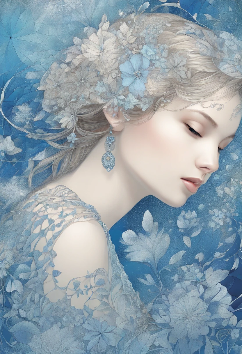 (1 girl with beautiful face、10yaers old、独奏、From Side)、ighly detailed、(Abstract background、Zentangle、Fractal Art:1.5)、(Blue theme、colourfull:1.1)、(pluma、flower petals、Blue flower:1.3)、dynamicposes、耳环