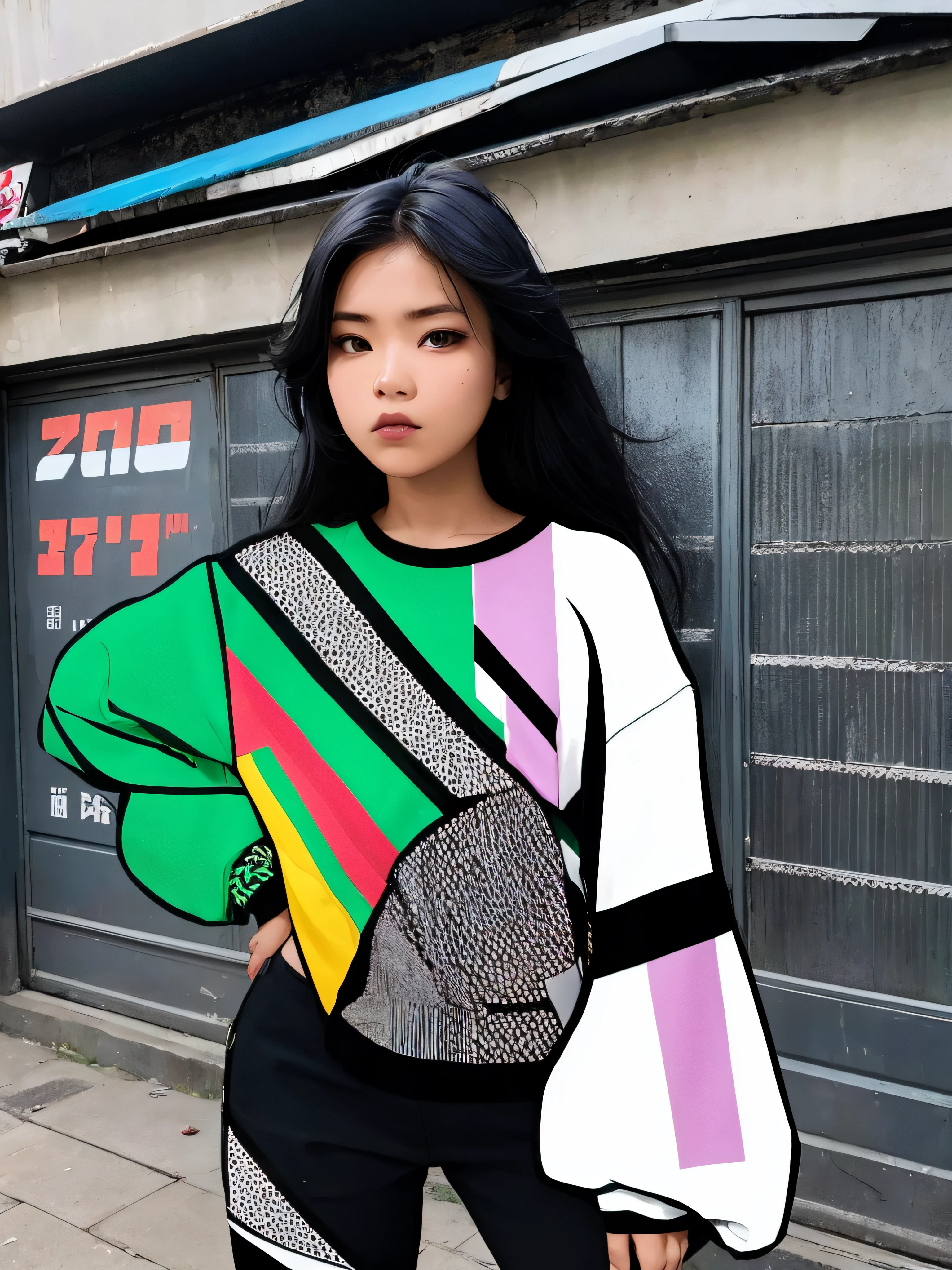 street fashion photo of a girl with street wear graphical clothes by Omi Gurung ,