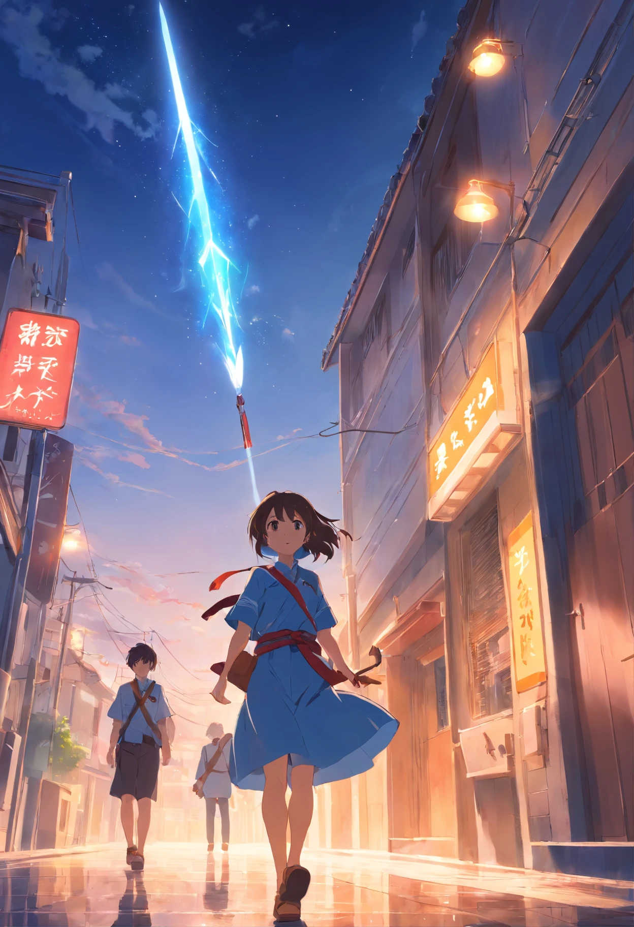 tmasterpiece，best qualtiy，cinematic Film still from，7 officers and soldiers，With a spear，In the ancient courtyard，Floating in the sky，closeup cleavage，brightly，cheerfulness，Warm and soft lighting，the sunset，（spark of light：0.7）