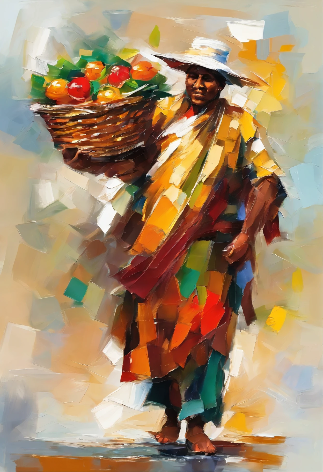 A market seller carries a market basket.Holding the baby by the hand၊ went back, RAINING SEASON, best composition,  white background masterpiece  oil painting, impasto painting.