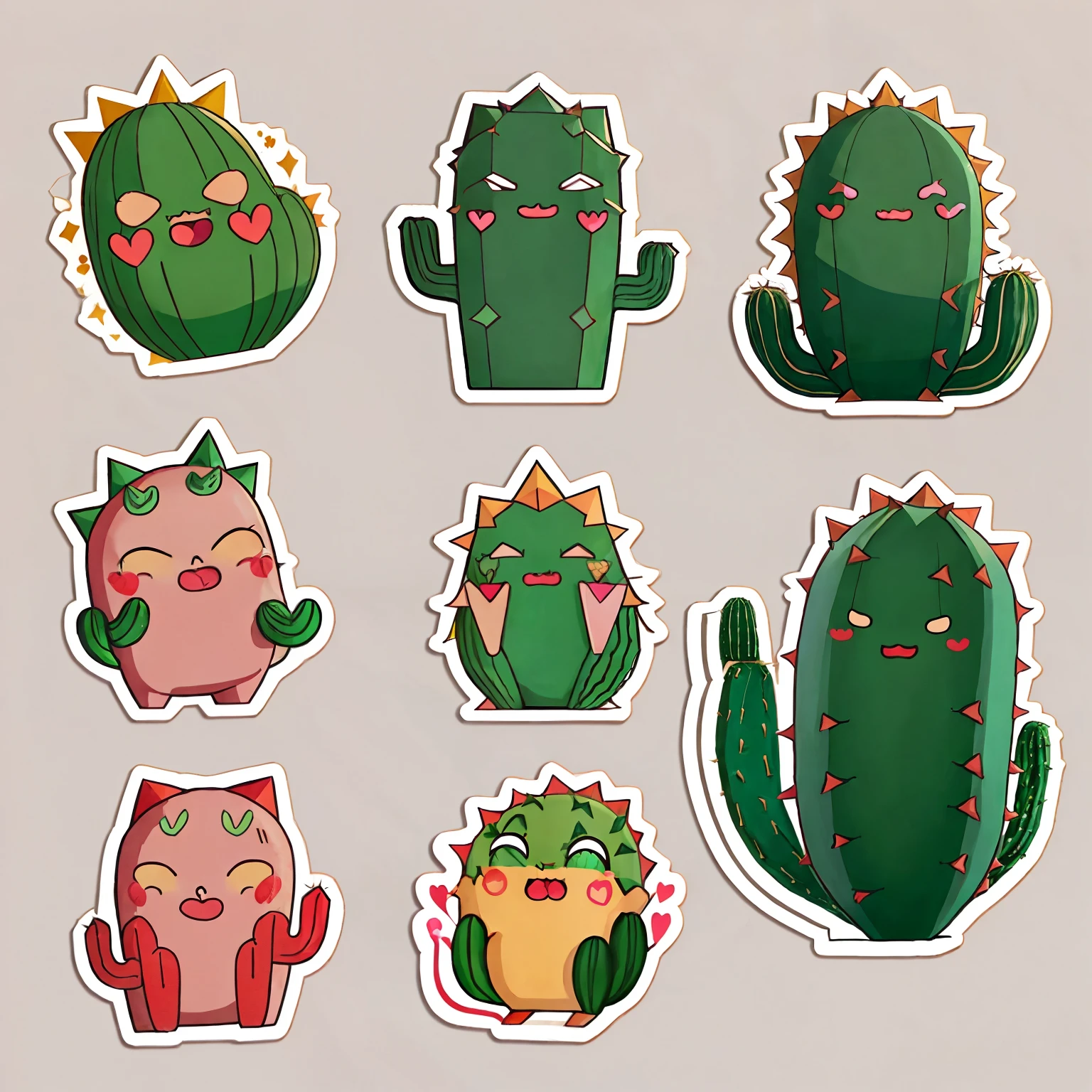 stickers of four cactus,cute,anthropomorphic cactus,crying