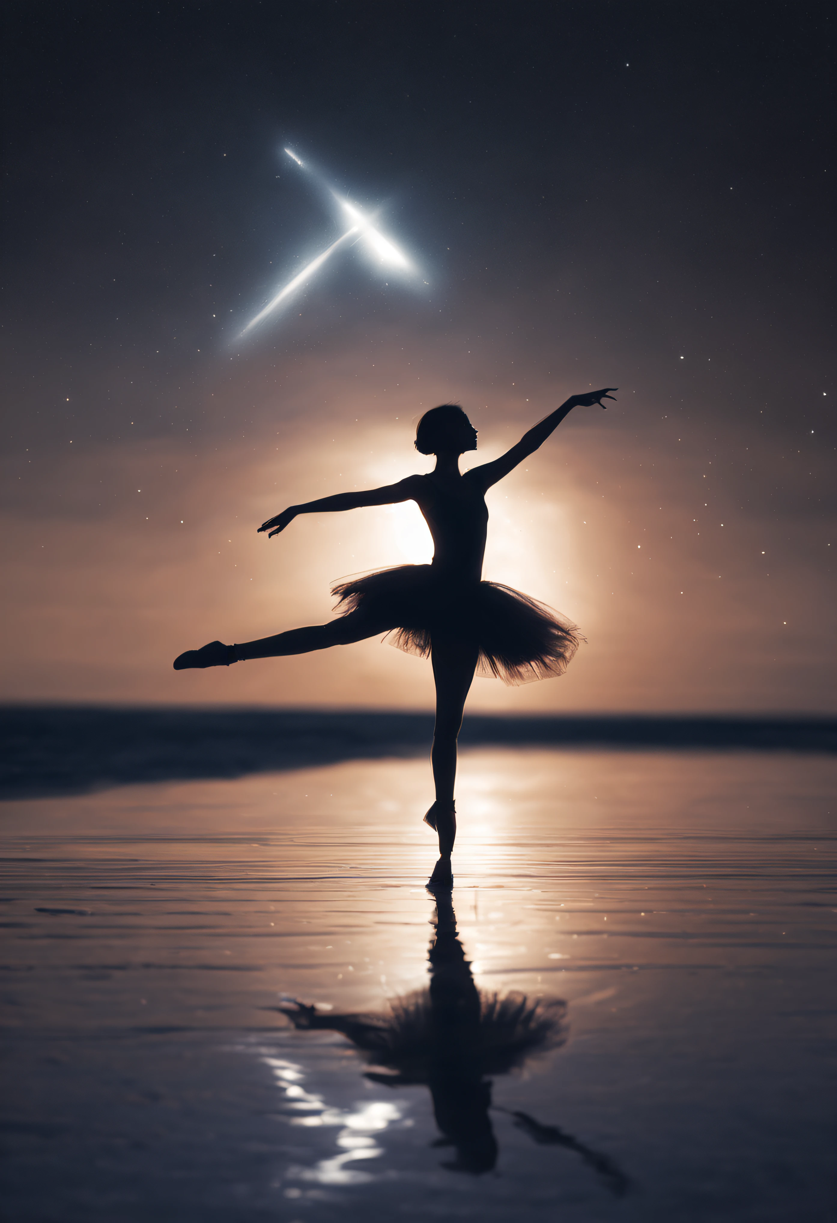 masutepiece, Original, from behind, Full body, Ballerina silhouette, ballet pose, Reach for the stars, Starlight reflected at her feet, Salt Flats Environment, Princess, sundress, Porcelain Skin, Long floating hair, Shimmering iridescent hair, Race trajectory, grateful, Natural moonlight, Ultra Wide Cinematic Shots, Dramatic Angle, Unreal Engine, Milky way, mirrornun, silhuette, light Particle, mirrornun