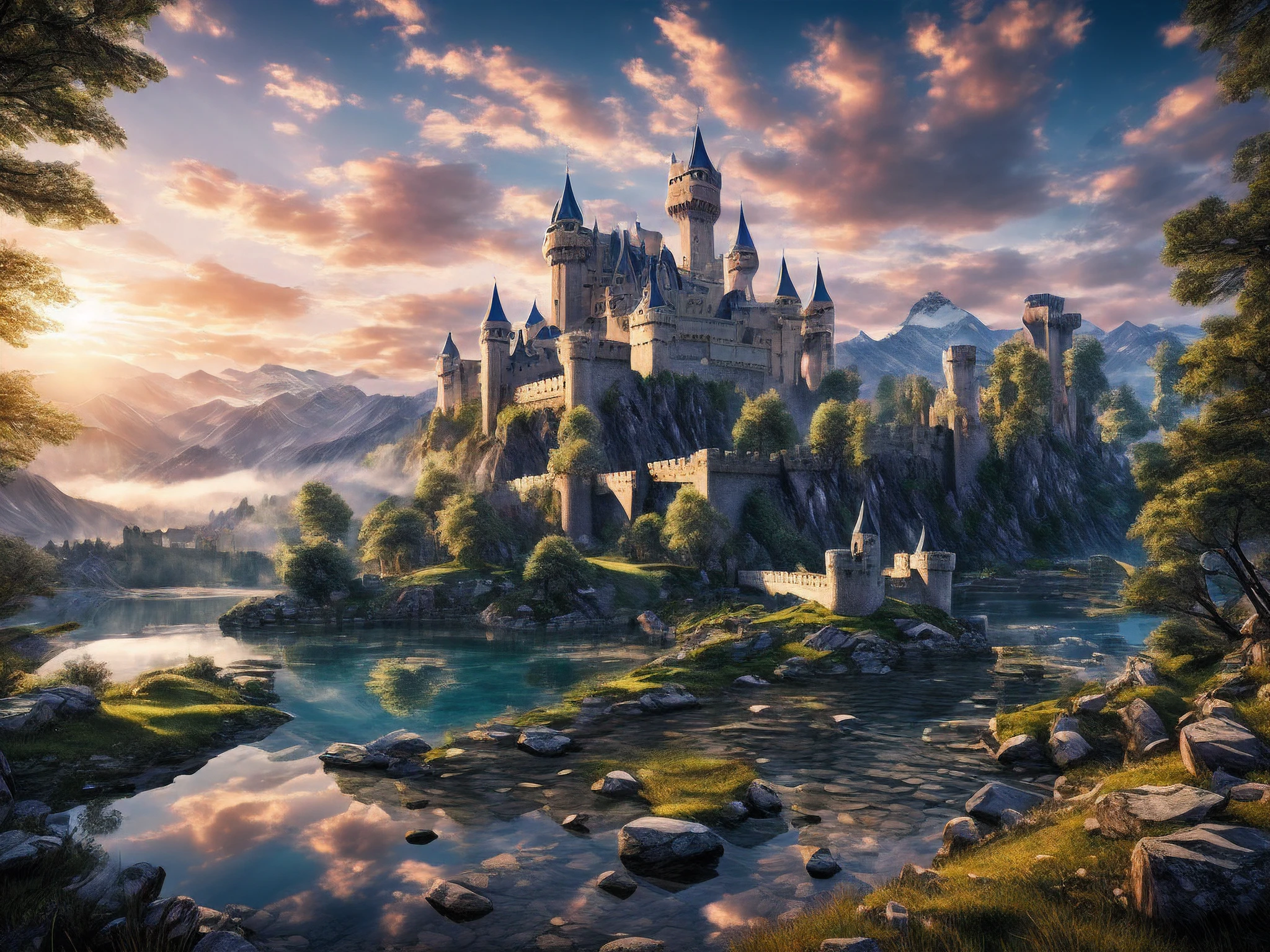 fantasy art, RPG art, photographic, National Geographic quality picture, award winning, (Best Detailed: 1.5), (best quality: 1.5) picture of an epic 1solocastle near the lake at dawn, its a Middle ages castle it is master crat artistry, state of the art military architecture, perfect for defending its king, majestic castle, there are (4 towers: 1.2), (massive walls: 1.2), (barbicans: 1.2), (flags: 1.2), ( a bridge: 1.2), (banners flying high: 1.3)the entire castle is being reflected in the lake in a perfect image (Best details, Best quality: 1.5), the lake is calm and placid, its dawn, the sun is rising, there some light clouds in the sky, and sun rays, behind the castle there is a missive snowy mountain as background best quality, (extremely detailed), ultra wide shot, photorealism, depth of field, hyper realistic, 2.5 rendering,