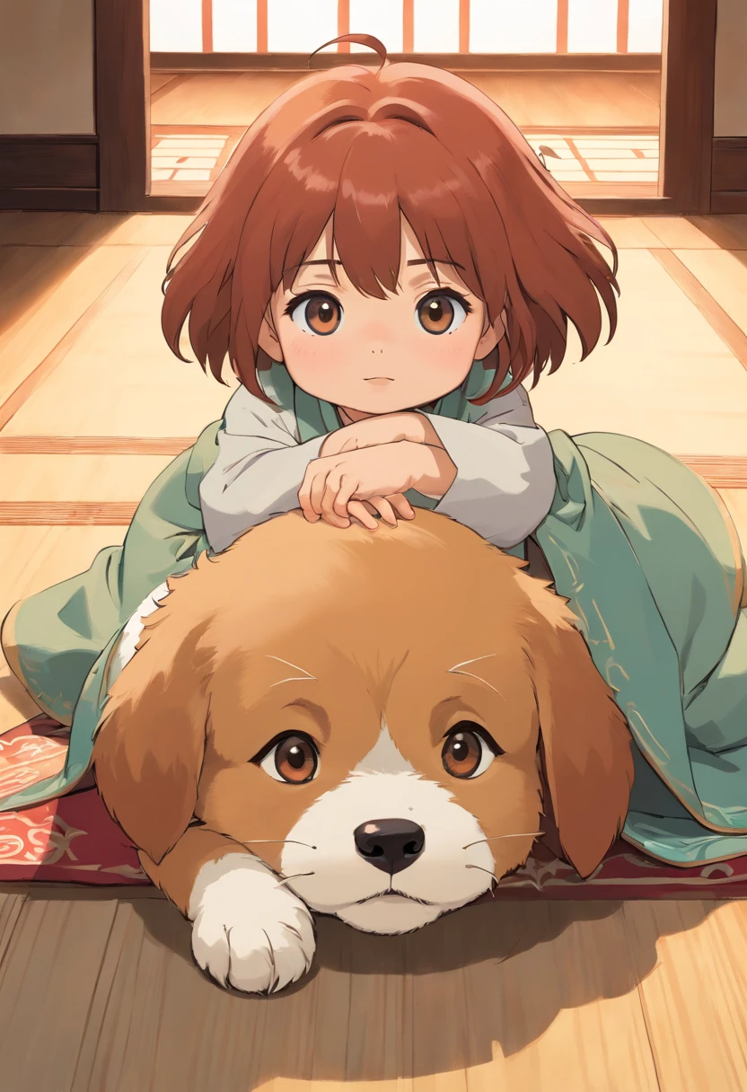 Beautiful Japanese Shogunate in the background, Dignified puppy lying on open floor