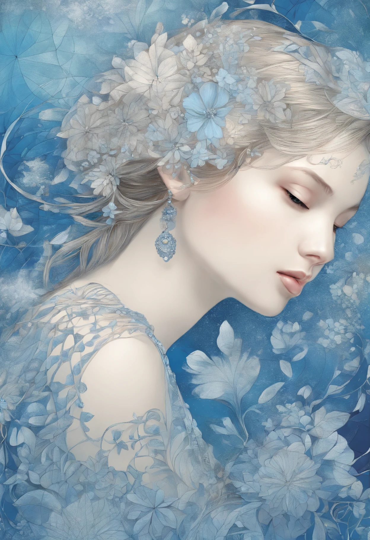 (1 girl with beautiful face、10yaers old、独奏、From Side)、ighly detailed、(Abstract background、Zentangle、Fractal Art:1.5)、(Blue theme、colourfull:1.1)、(pluma、flower petals、Blue flower:1.3)、dynamicposes、耳Nipple Ring