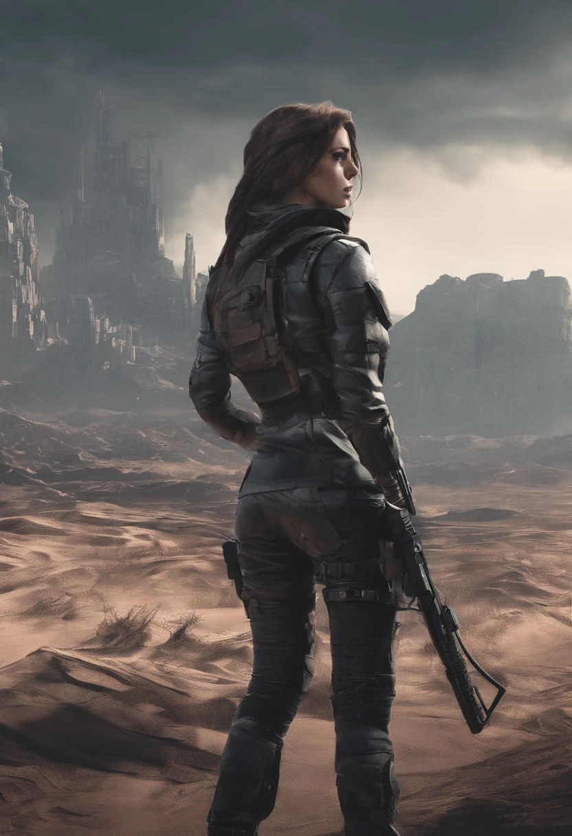 an attractive woman [gunslinger:bounty hunter:0.4] standing in a apocalyptic wilderness (glitchwave style:1)