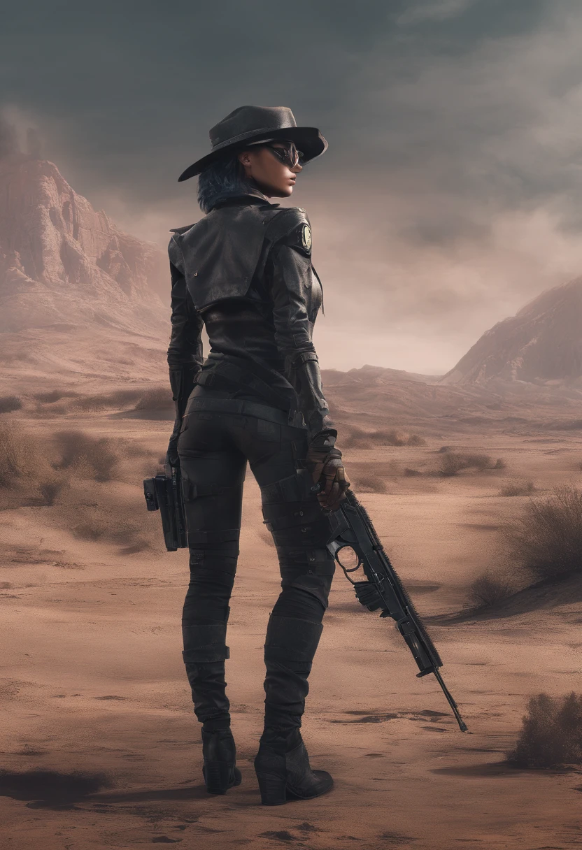 an attractive woman [gunslinger:bounty hunter:0.4] standing in a apocalyptic wilderness (glitchwave style:1)