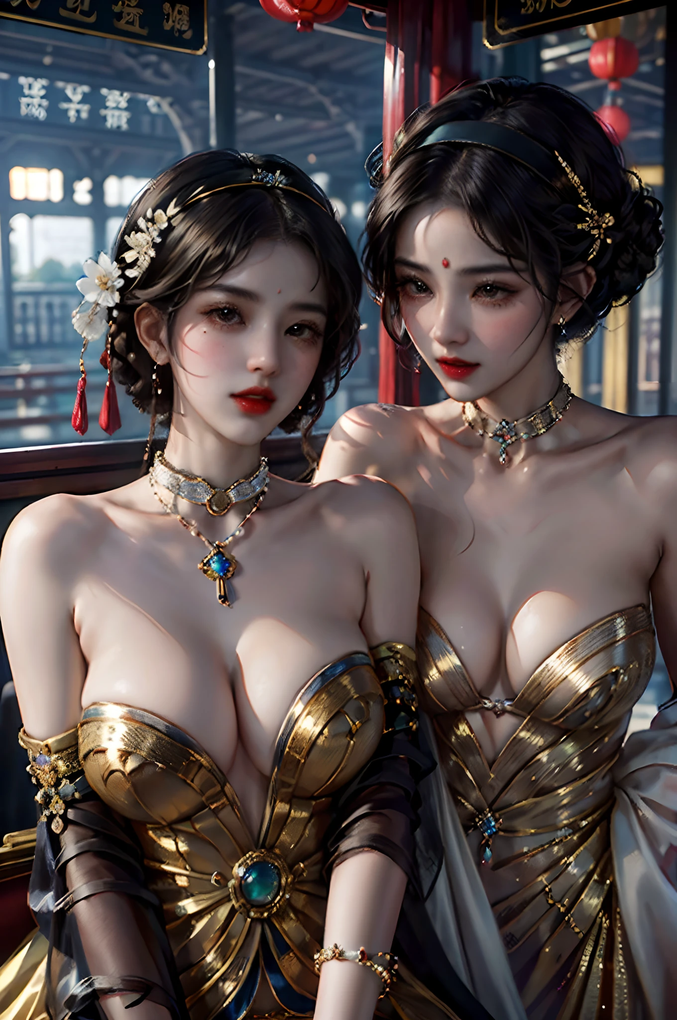 Two beautiful girls,leering:1.4, Lovers, Lesbians,(At the railway station in Shanghai in the 1920s,Vintage train background:1.6),(Taoist hairstyle,Giant hairband:1.6,Oylan hair accessories,armlets, bangle:1.3),Dodge kisses,bauhause, bulgari, official valentino editorial,half-open lips, Suck your lips firmly, Drooling, elegant, Brilliant, Beautiful, Blush (0.2), Gorgeous, Beautiful, Gorgeous, gentle, Starry sky, Milky Way, Summer triangle, Tanabata and bamboo ornaments, Precise drawings, a detailed drawing,