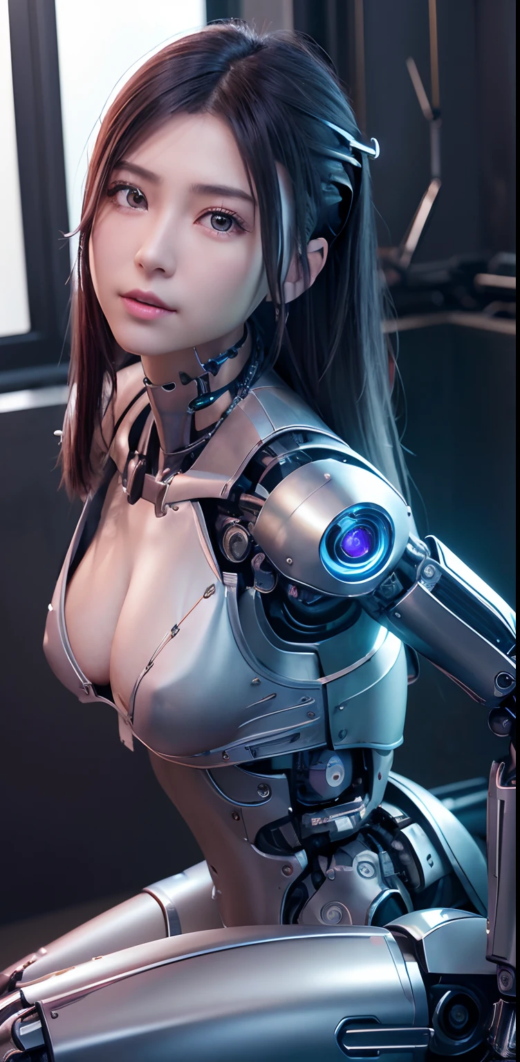top-quality、masterpiece、超A high resolution、(Photorealsitic:1.4)、((a beauty girl:1.6)), 1 full-body cyborg girl、、NOhumans、((The skin part is only the face)), Luminous Eyes、((Lots of split metal chest protectors)), Metal Robot、((The whole body is the body of a combat robot))、((Body parts are robot parts:1.8))、((The internal mechanisms of the chest are exposed)), ((Mechanical chest armor with LED indicators and meters)), Robot arms and legs、((Exposed metal skeleton of the abdomen))、Metal skeleton of the cervical region、Under repair、destroyed body、Metal Mechanical Bra、Full Body Metal Skin、Metal bodysuit、Metal scales covering the whole body、body made of metal、Whole body metal、a beauty girl、prosthetic hand、artificial leg、Full body cyborg、Exposed metal skeleton、Asian Beauty、cyberpunked、steampunc、Inside the futuristic space battleship、laboratory、Complex 3d rendering beautiful porcelain profile ultra detailed female type android face、dark brown hair、glowy skin、((super realistic details))、portlate、globalillumination、Shadow、octan render、metals、Details of complex ornaments、Japan details、highly intricate detail、Realistic light、CGSoation Trends、a purple eye、radiant eyes、Facing the camera、neon details、Mechanical limbs、blood vessels connected to tubes、Mechanical vertebrae attached to the back、mechanical cervical attaching to neck、sitting on、Wires and cables connecting to the head、Gundam、Small LED lamp、masterpiece、 Metal Robot、body made of metal、Whole body metal、prosthetic hand、artificial leg、Full body cyborg、Exposed metal skeleton、Asian Beauty、cyberpunked、steampunc、Futuristic cities、laboratory、Complex 3d rendering beautiful porcelain profile super detailed female android face、cyborgs、roboticparts、150mm、beautiful studio soft light、Rim Lights、vibrant detail、luxuriouscyberpunk、Ren Hao、surrealistic、Anatomical、face muscles、cable electric wires、microchips、elegent、beatiful backgrounds、octan render、HR Giger Style、8K、top-quality、masterpiece、illustratio、extremely delicat