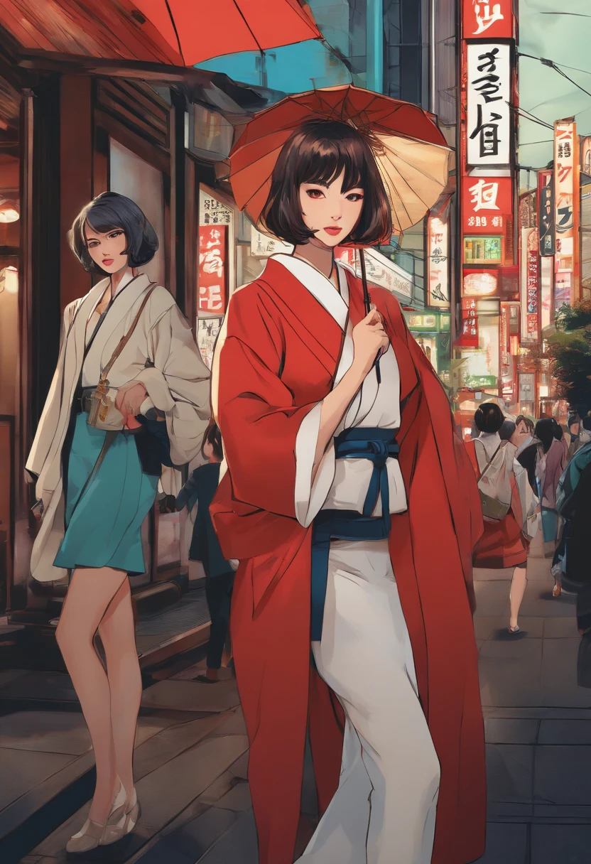 anime pop art, beautiful Japanese women in the streets of tokyo, full body, wide angle --ar 2: 3 --v 4