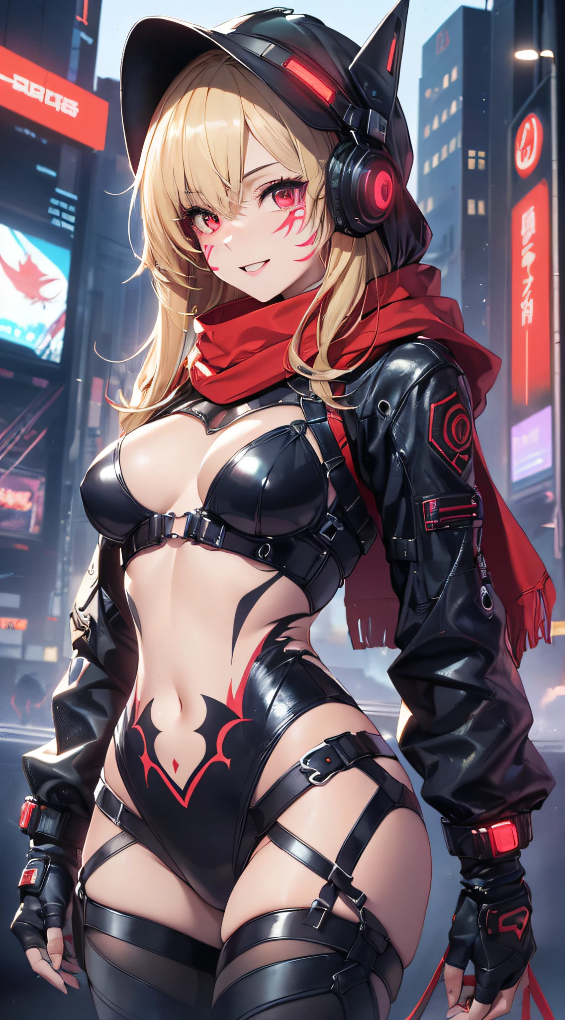 top-quality、Top image quality、masterpiece、girl with((18year old、Red, black and blue glowing cyber suit、falda corta、Shining Cyber White Hoodie、Best Bust、Bust 90、Blonde Away Tail、Red Eyes、open chest wide、Valley、Happiness、A slender、ssmile、Red Face Paint、Black scarf、Reflecting the whole body、Slouch action))hiquality、Beautiful Art、Background with((nightcity、cyberpunked、nightclubs))、masutepiece、Elaborate design、visualart、