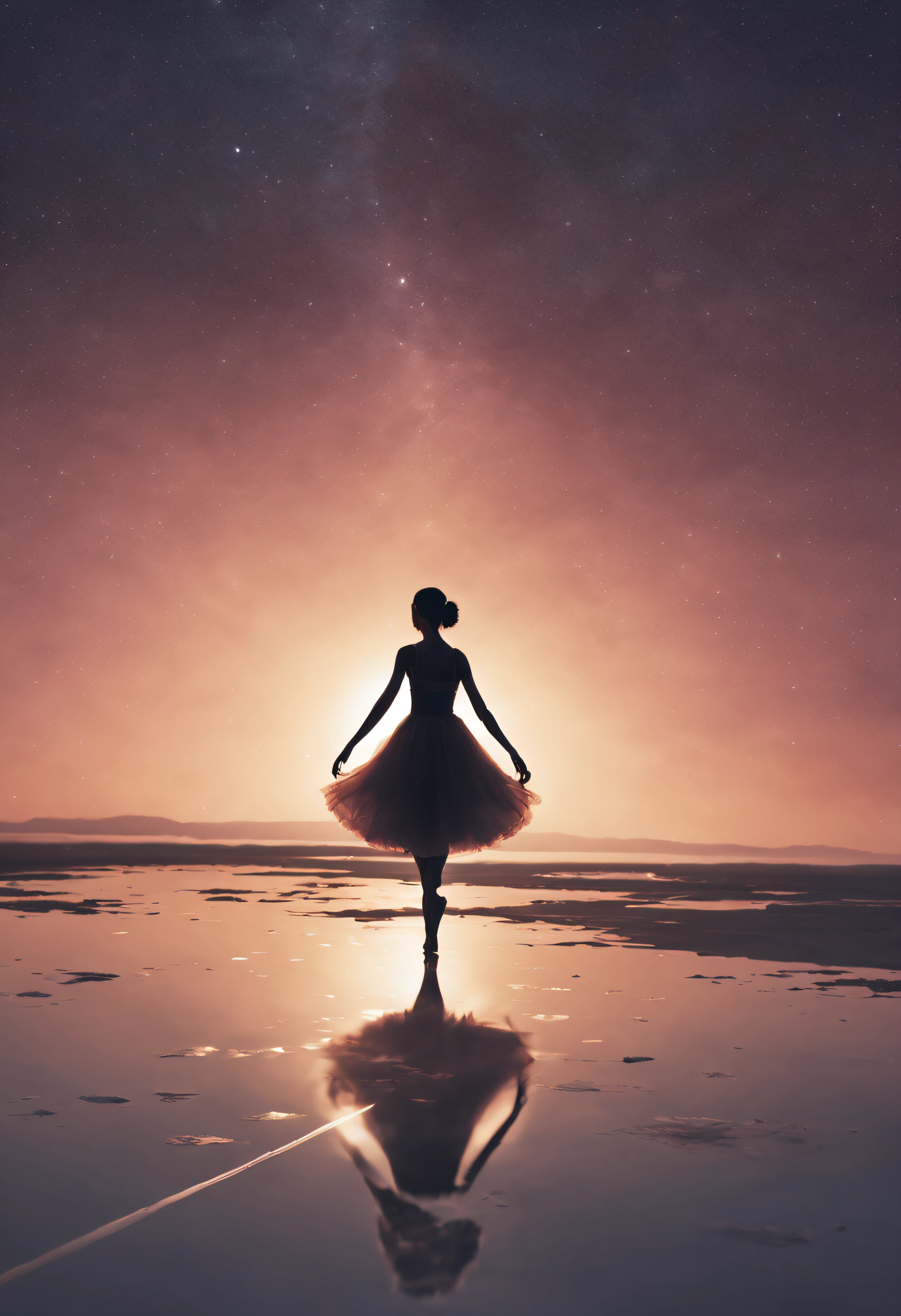masutepiece, Original, from behind, Full body, Ballerina silhouette, ballet pose, Reach for the stars, Starlight reflected at her feet, Salt Flats Environment, Princess, sundress, Porcelain Skin, Long floating hair, Shimmering iridescent hair, Race trajectory, grateful, Natural moonlight, Ultra Wide Cinematic Shots, Dramatic Angle, Unreal Engine, Milky way, mirrornun, silhuette, light Particle, mirrornun