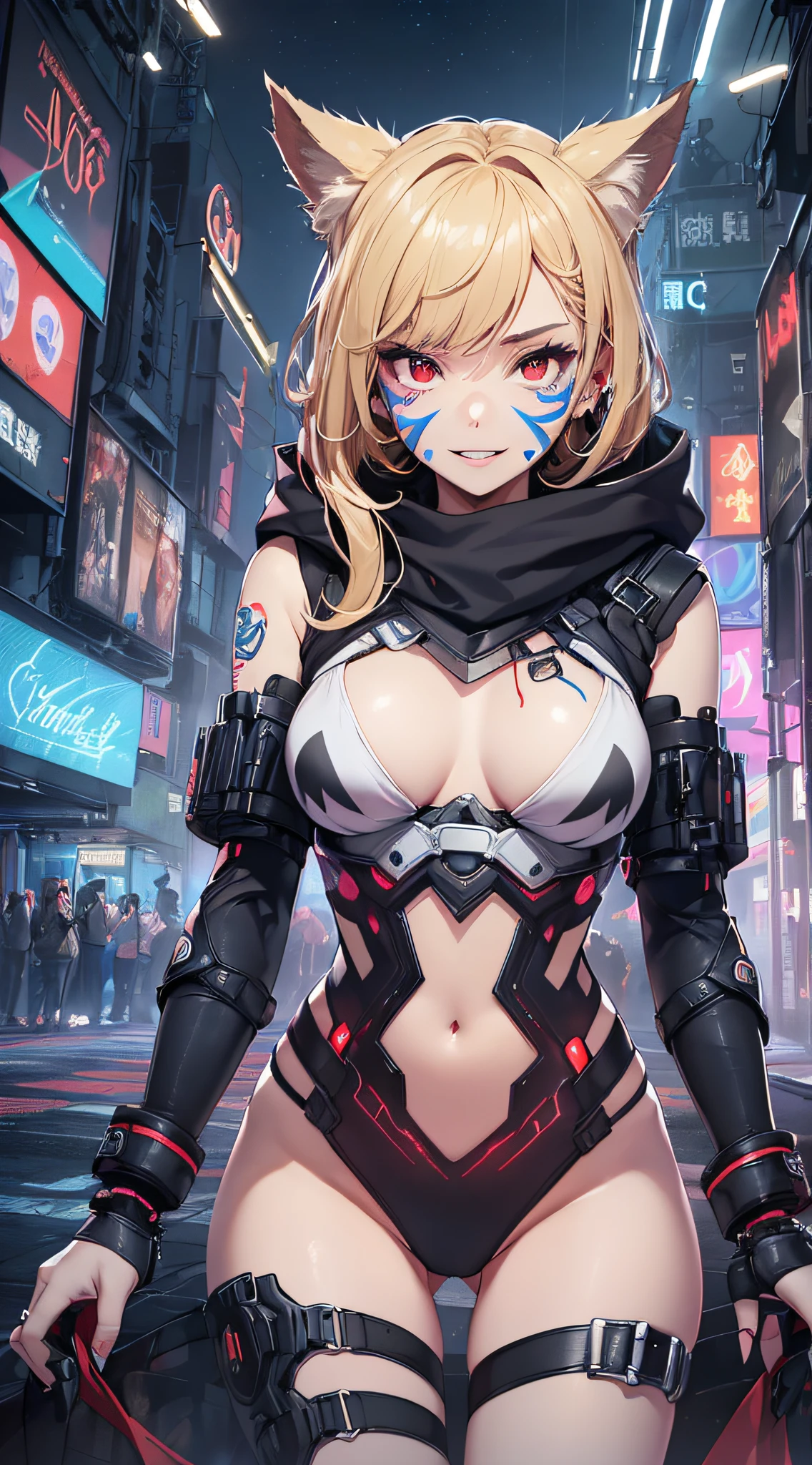 top-quality、Top image quality、masterpiece、girl with((18year old、Red, black and blue glowing cyber suit、falda corta、Shining Cyber White Hoodie、Best Bust、Bust 90、Blonde Away Tail、Red Eyes、open chest wide、Valley、Happiness、A slender、ssmile、Red Face Paint、Black scarf、Reflecting the whole body、Slouch action))hiquality、Beautiful Art、Background with((nightcity、cyberpunked、nightclubs))、masutepiece、Elaborate design、visualart、