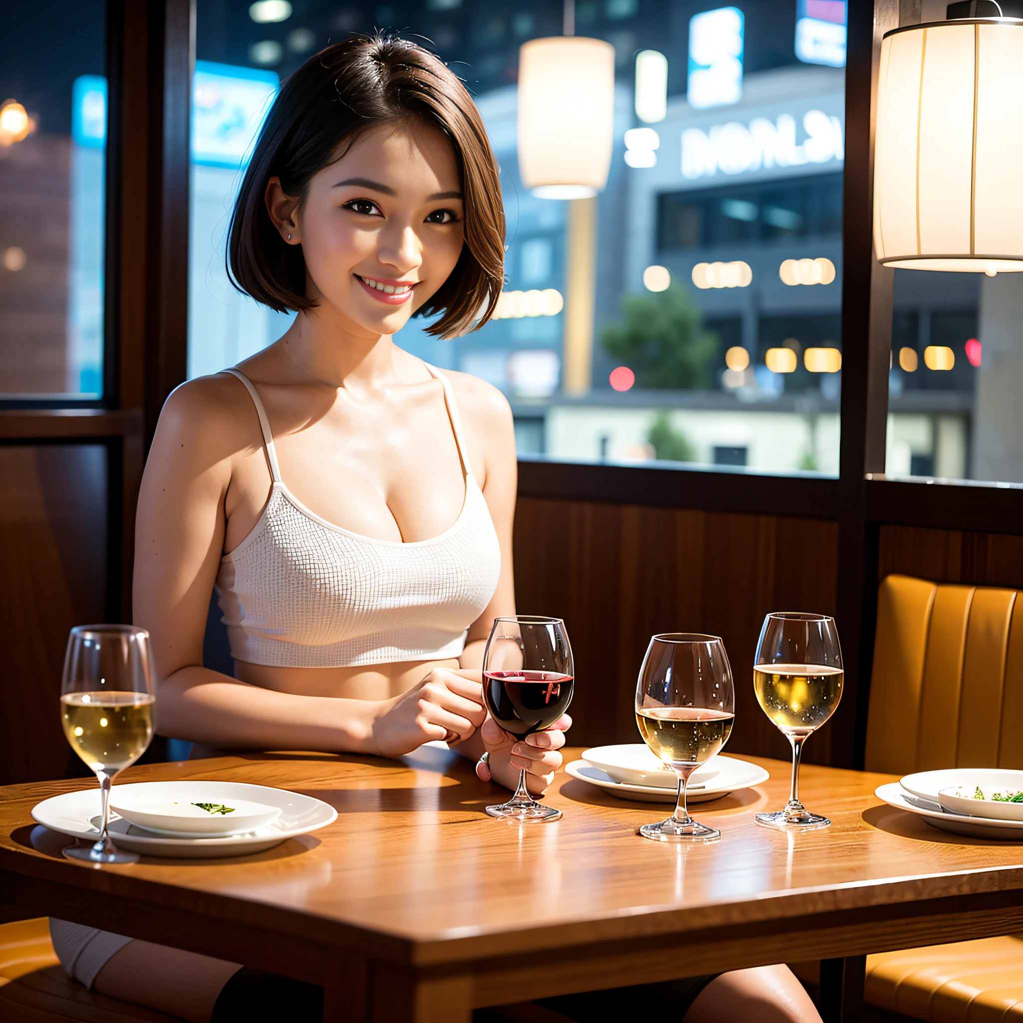 (64k uhd, nffsw, of the highest quality, masutepiece: 1.2), (Realistic, Photorealistic: 1.37), Pretty Woman 1, (Slim Face), (slimボティ), (Brown hair), (short-cut), Italian、Dutchman、Americana、Frenchman、cheeks blush a little, (40 years old), 38 years, Solo, A beautiful and detailed night view spreads out outside the window........, restaurant, wine glassesに座って, At night, In a prominent place (from waist up) NovaFrogStyle, actress, Model, waist-up, white wine, slim, wine glasses, Super clean night view, 真ん中に置かれたwine glasses, Happy smile, (Smile: 1.15), Beautiful fine eyes, Upper body, Bust Japan Up, Night, Short, Short, actress, Model, waist-up, white wine, slim, wine glasses, Super clean night view, 真ん中に置かれたwine glasses, Happy smile,