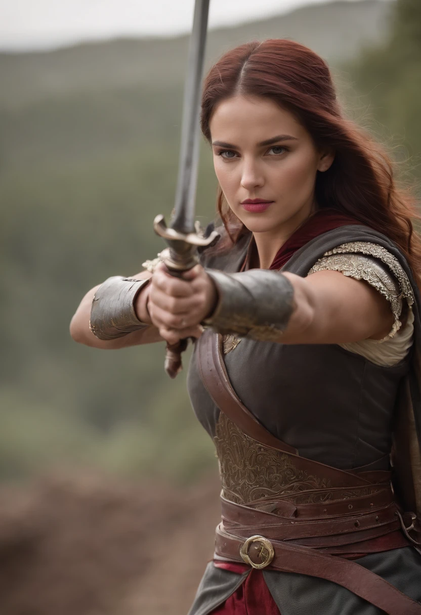 heroine, cabelos vermelhos, olhar forte, armadura em todo o corpo, sword in one hand, pronta para o ataque