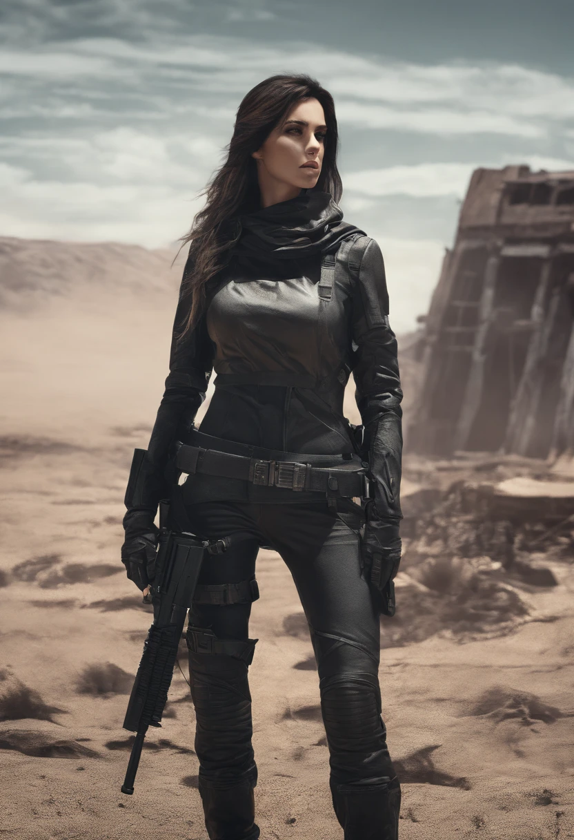Hyper realistic photo, an attractive woman [gunslinger:bounty hunter:0.4] standing in a apocalyptic wilderness (glitchwave style:1)