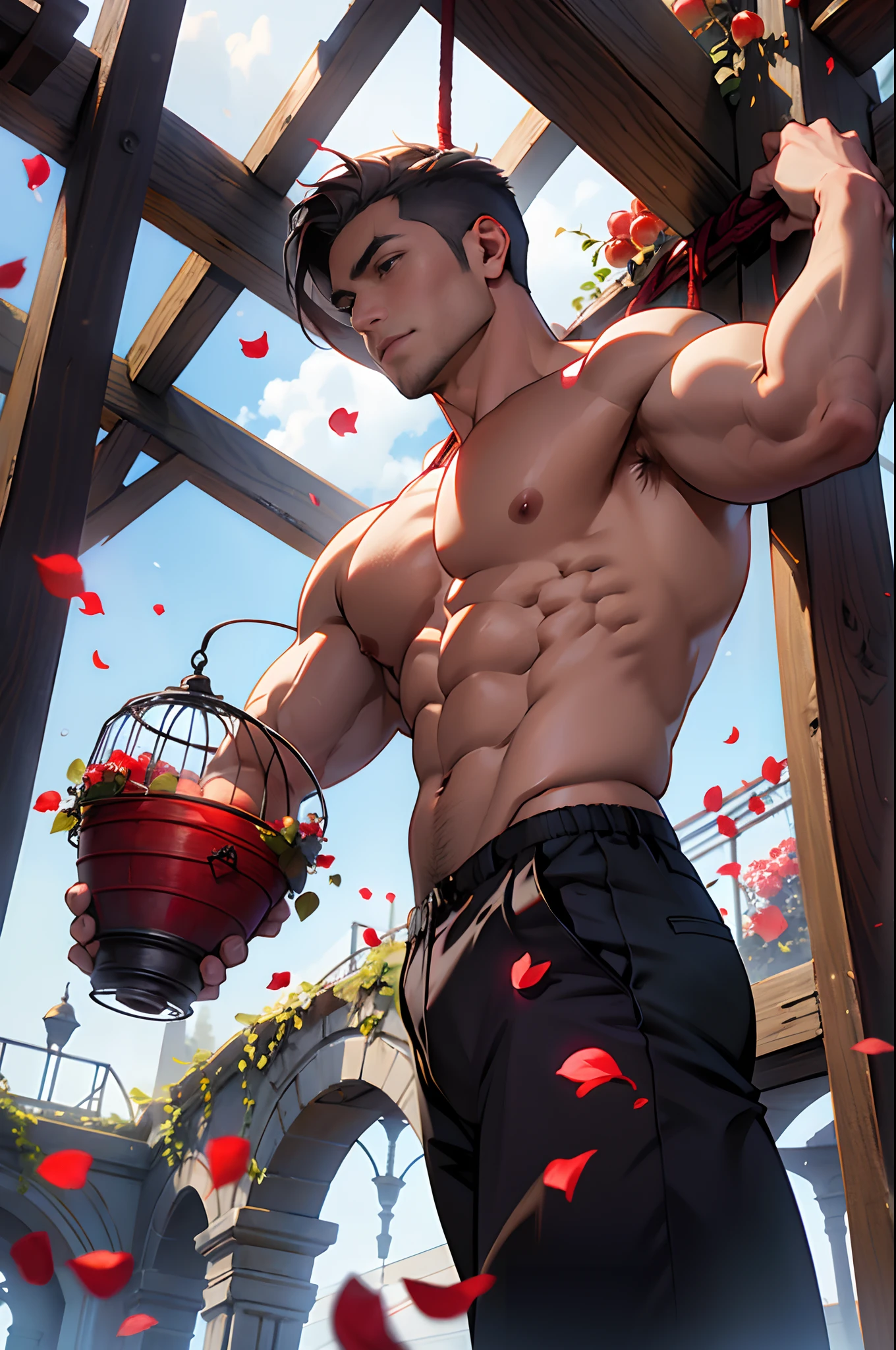 1male people,Muscular,((Lily)),(grape trees),cage,strappy,Red rope,(Detail light),Falling rose petals,