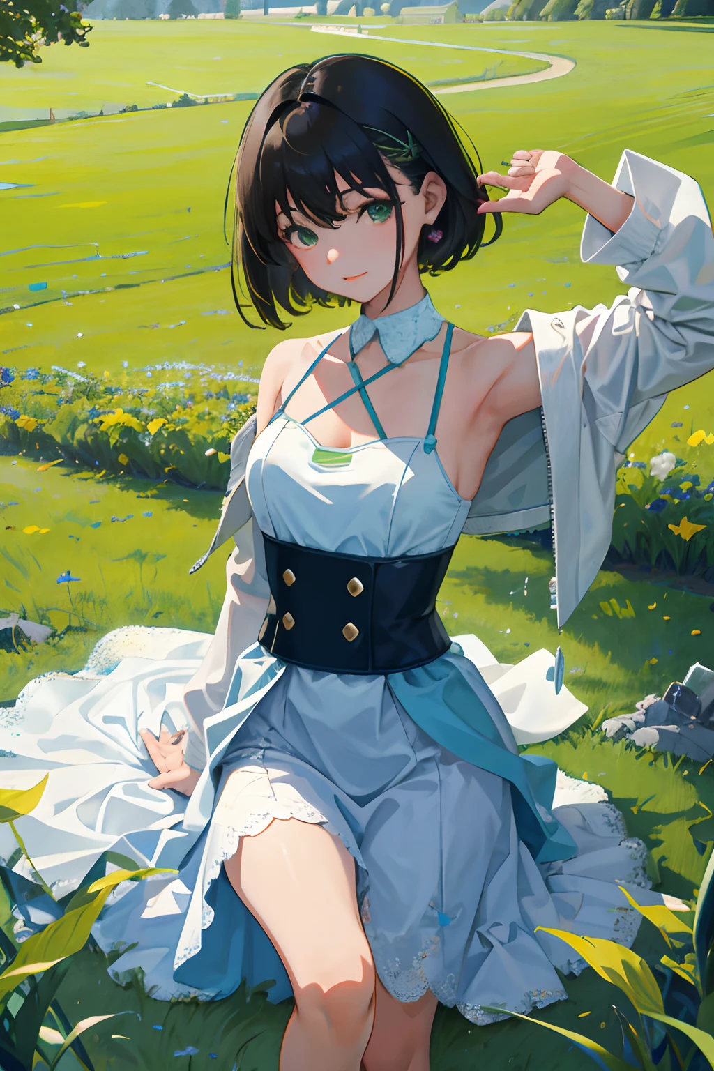 (masterpiece,Highest Quality),dance,10years old girl,A dark-haired,Green grass,atlibrary