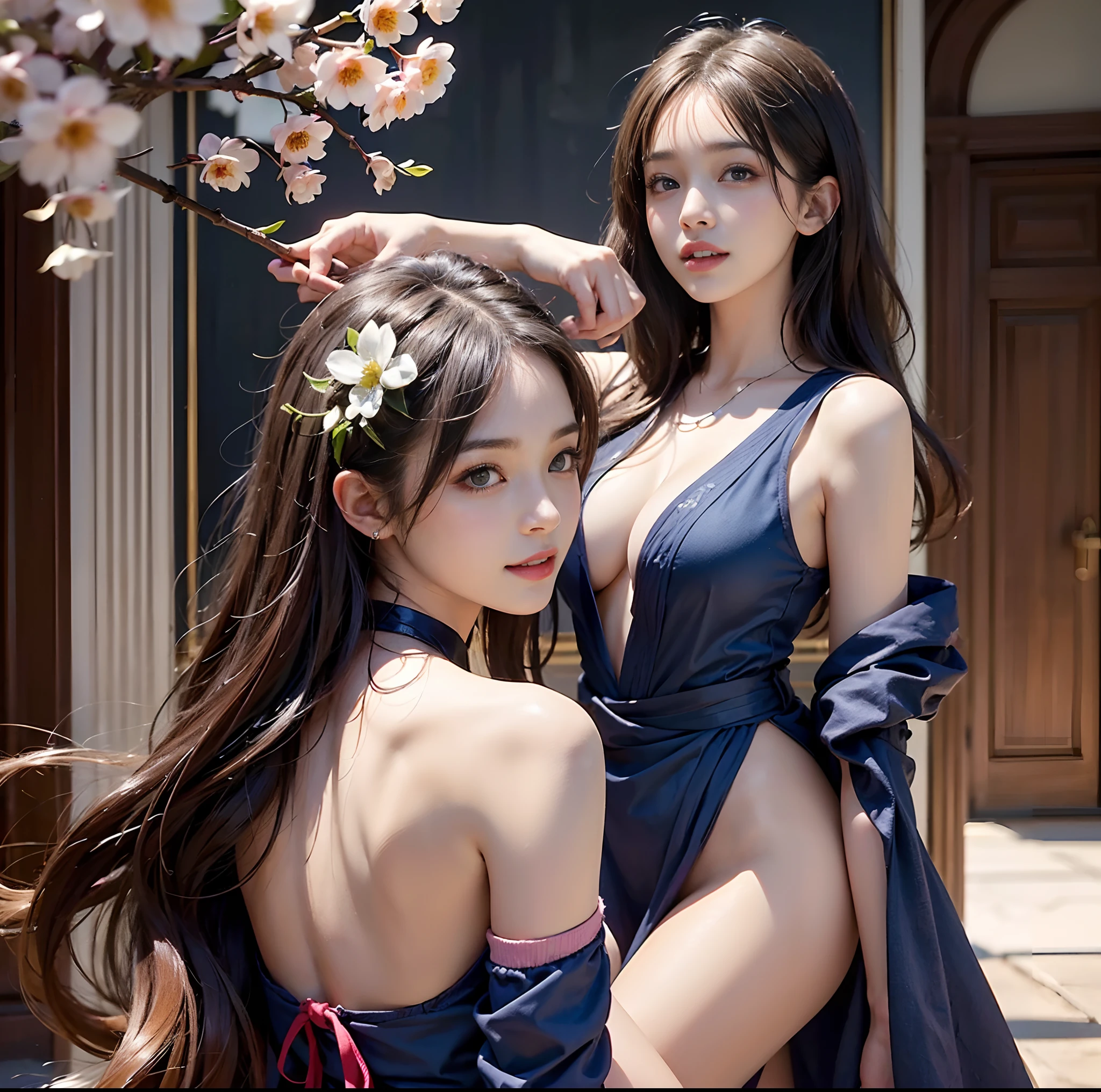 (top-quality)、 (masterpiece)、(Professional lighting with fewer shadows)、 (A hyper-realistic)、 (perfect anatomia)、 (In front of the camera、There are two women、Forward and backward、Crying Kuroko、That and bangs and forehead), ( Huge breasts), (Bright and even whitening skin without wrinkles and steps), (Beautiful blue eyes with long eyelashes and red tear bags)、 (Her costume is worn only in a cramped sailor suit、A micro mini-length pleated skirt is directly on top of her nakedness:1.2), (Two people are surrounded by flowers, Face the front in front of the camera、stick out chest:1.3), (Another person on the other side、with arcuate waist, Expose your buttocks with your back turned:1.2), (One hand behind the head, A beautiful face is a beautiful smile with lowered eyebrows:1.2),