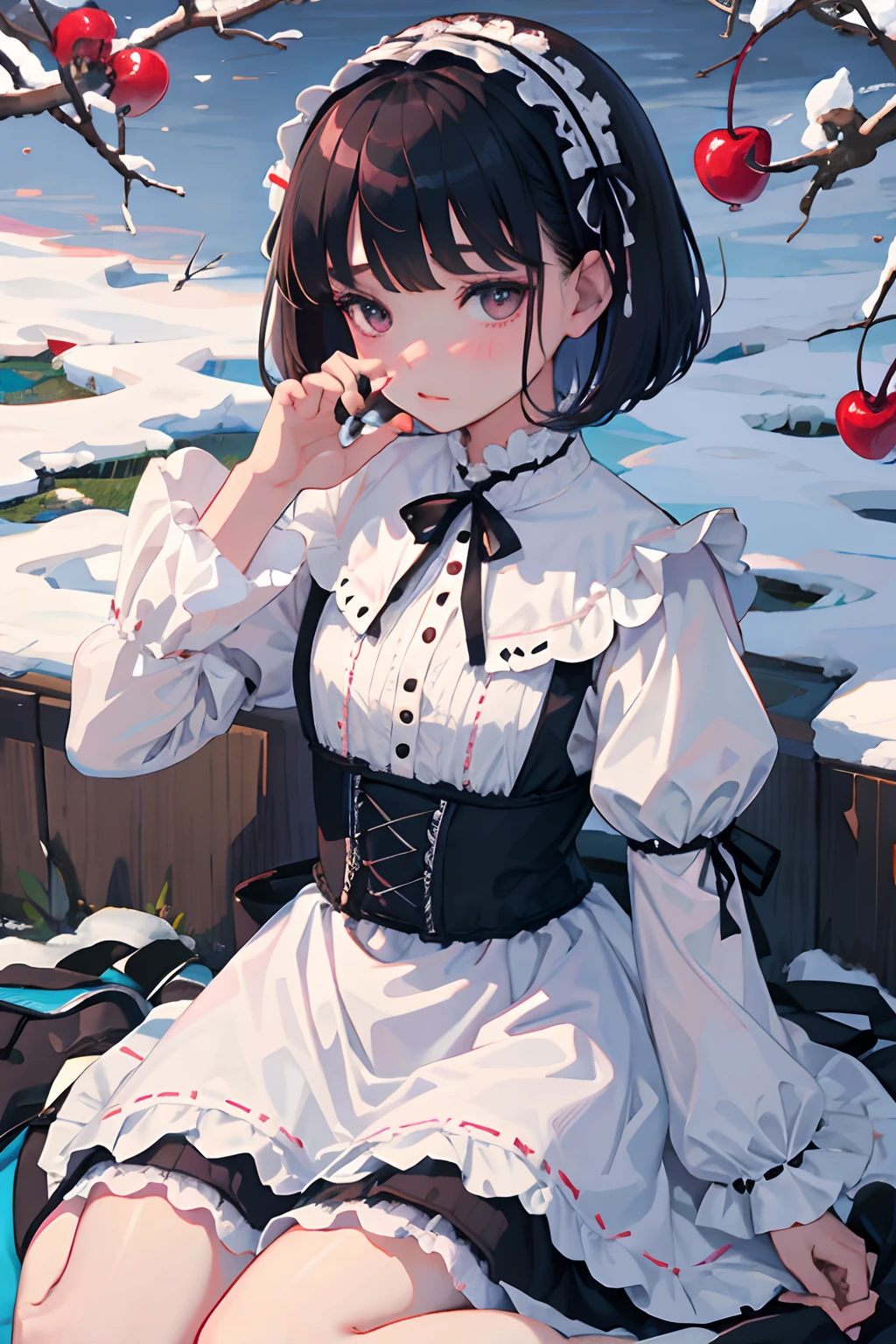 wariza，Curtsey，child，（​masterpiece，Highest Quality），(shortsleeves，White Gothic Lolita)，Sleepy face，Round eyes，A dark-haired，Semi-long bob，bare-legged，snow field，cherry trees