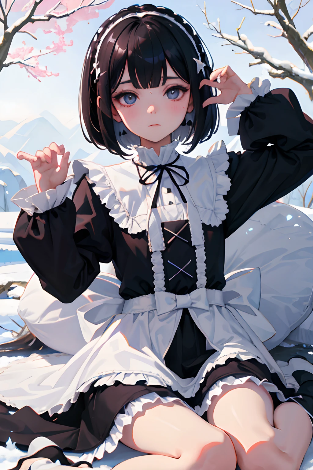 wariza，Curtsey，child，（​masterpiece，Highest Quality），(shortsleeves，White Gothic Lolita)，Sleepy face，Round eyes，A dark-haired，Semi-long bob，bare-legged，snow field，cherry trees
