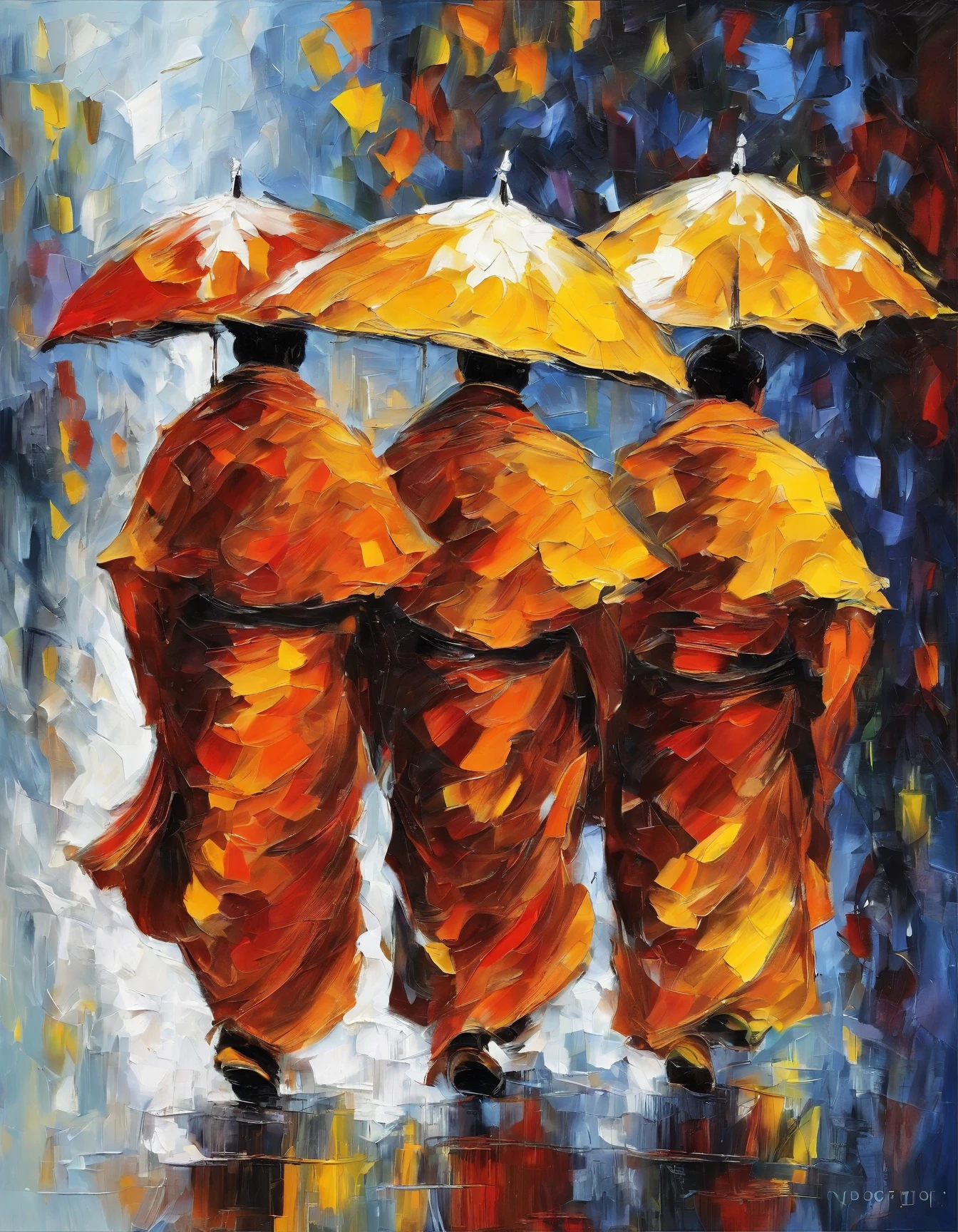 3 monks, each wearing an umbrella, went back, RAINING SEASON, white background masterpiece oil painting, impasto painting.