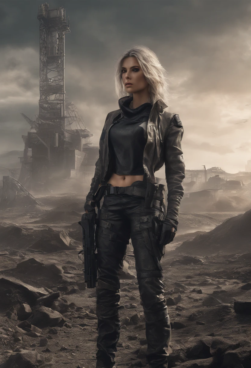 Hyper realistic photo, an attractive woman [gunslinger:bounty hunter:0.4] standing in a apocalyptic wilderness (glitchwave style:1), Smoke, debris, abstract beauty, near perfection, pure form, intricate detail, ((Best quality, 8k, Masterpiece)), Ultra-detailed face, Detailed eyes, 8k post-production, High resolution, super Detail, trending on ArtStation, sharp focus, studio photos, intricate detail, Very detailed