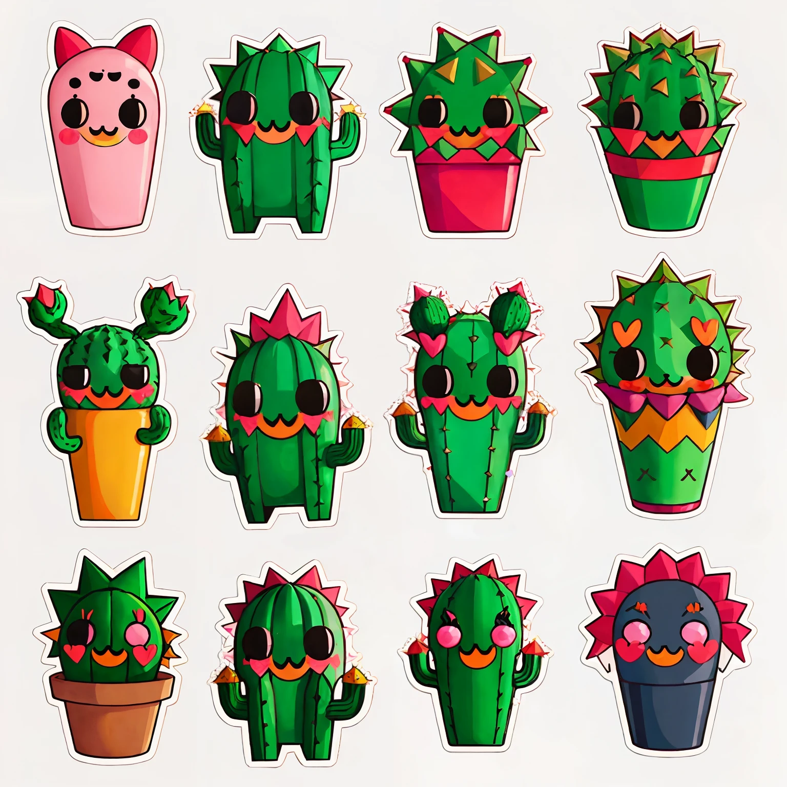 stickers of four cactus,cute,anthropomorphic cactus,angry